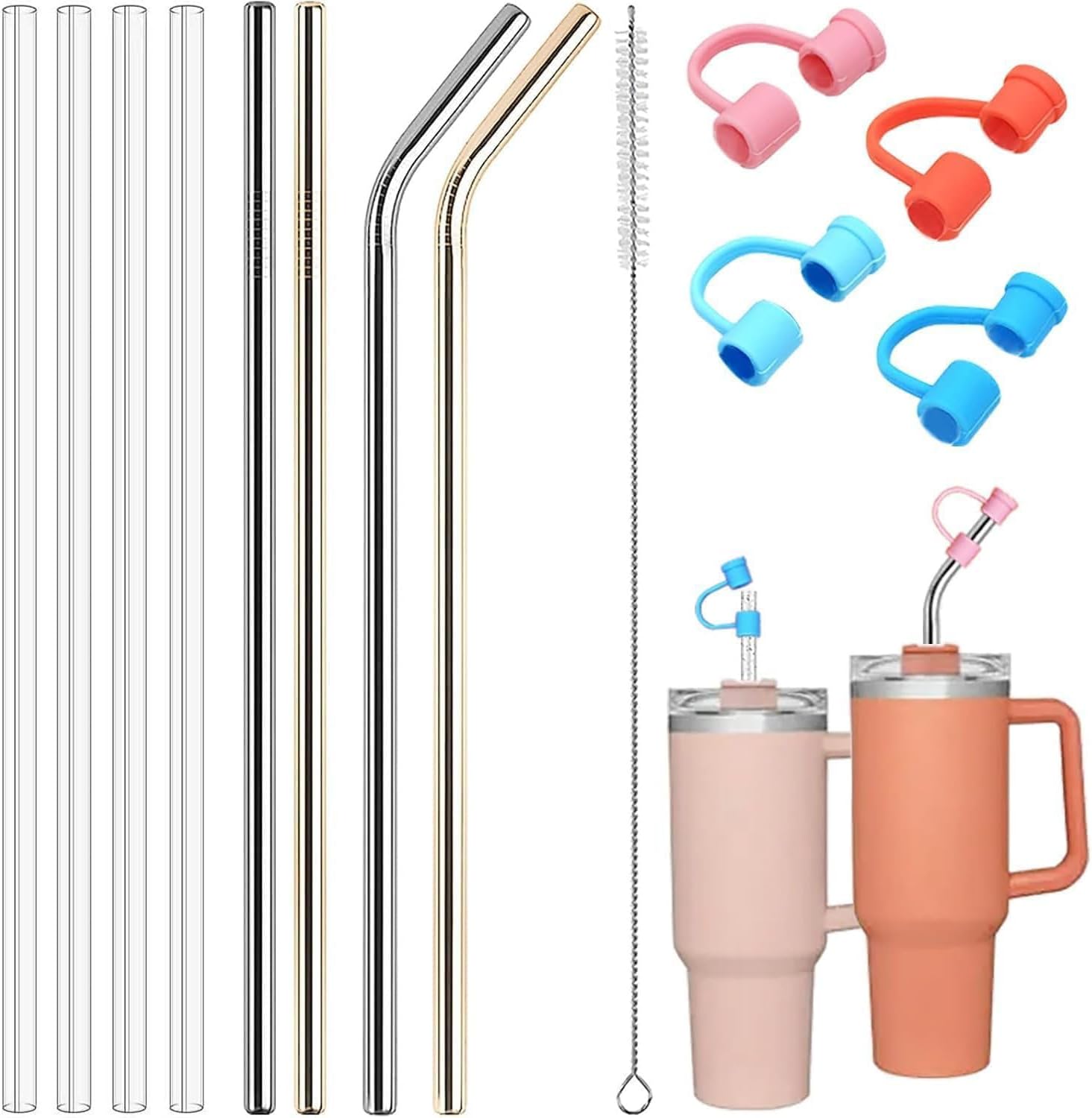 8 Pieces Stainless Steel & Plastic Straws, BetterJonny Reusable Straws with Cleaning Brush and 4 Straw Covers Compatible with 40 oz 30 oz Stanley Cup Tumbler for Home Party Drinking