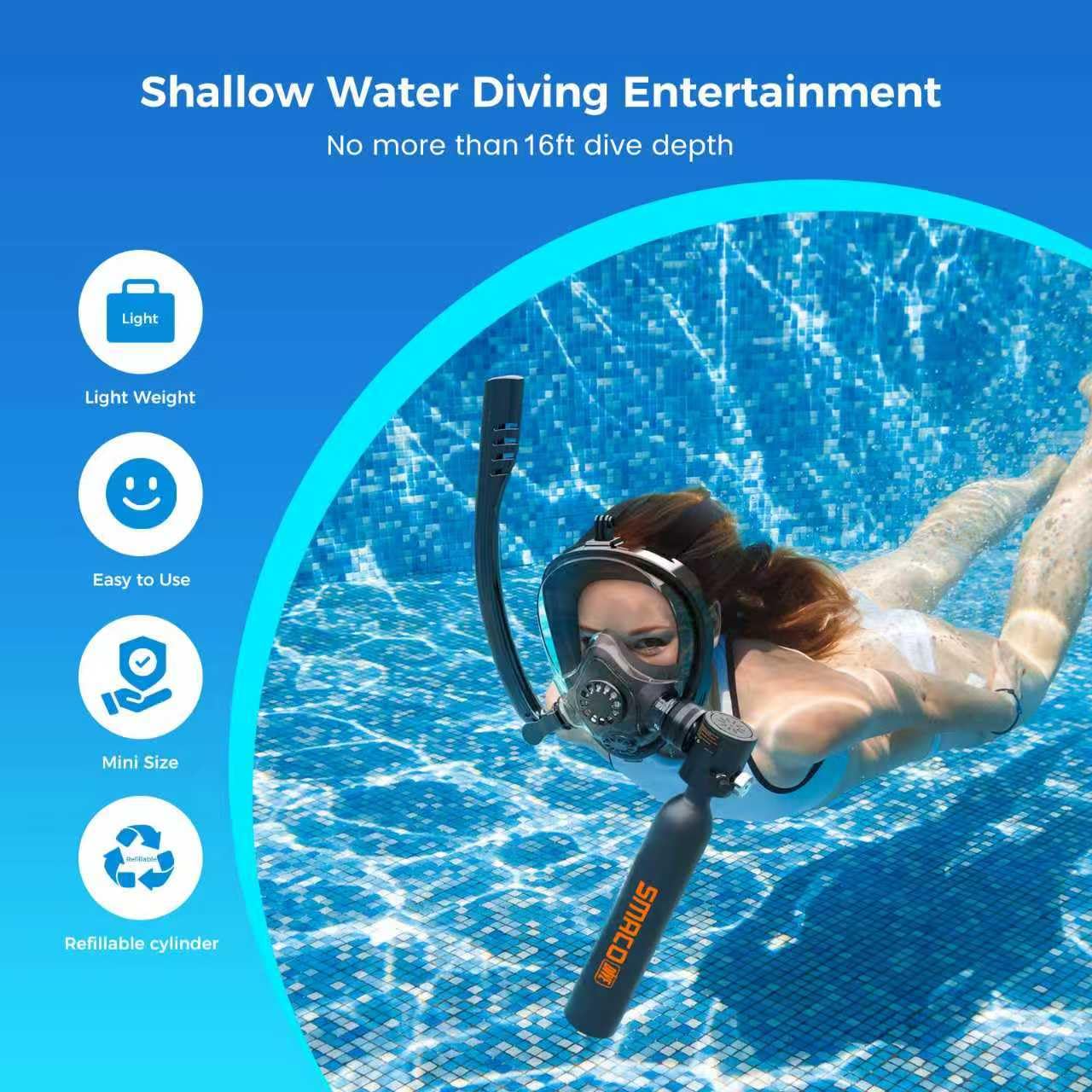 SMACO Mini Bombola Subacquea da 0,5L con Sub-Maschera, Fornisce Respiro Entro 16ft di profondità per Immersioni in Acque Poco Profonde/fonte di Gas di riserva