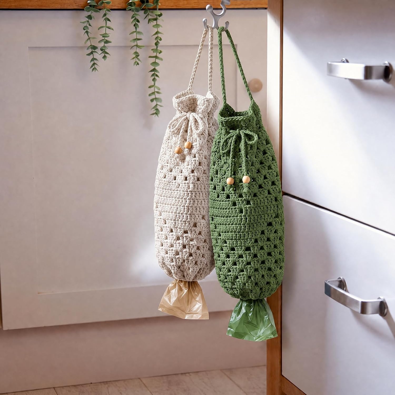 2 Pcs Crochet Plastic Bag Holders Boho Macrame Grocery Bag Holder