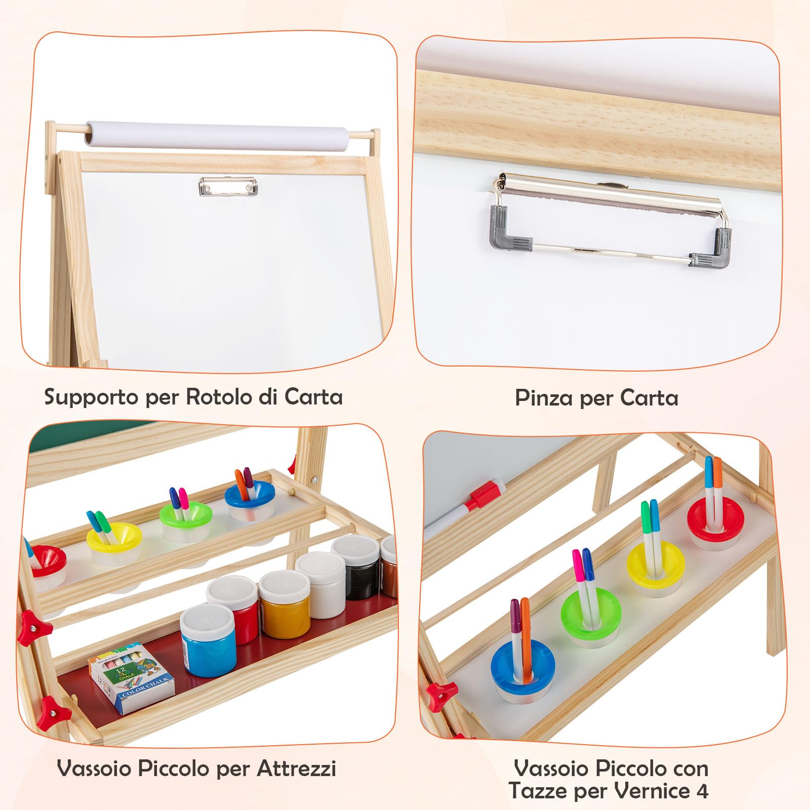 RELAX4LIFE Cavalletto per Bambini, Cavalletto Artistico in Legno con Altezza Regolabile, Cavalletto a Doppia Faccia con Rotolo di Carta, 2 Vassoi, 4 Tazze e Accessori Completi
