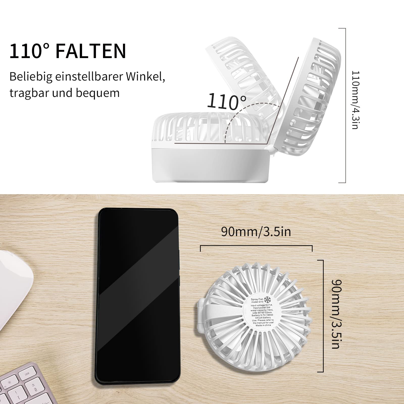 Mini Ventilateur USB Avec Brumisateur - Rechargeable 2000mAh, 5 Vitesses, Pliable, Idéal Pour Bureau, Voyages Et Extérieur - 5