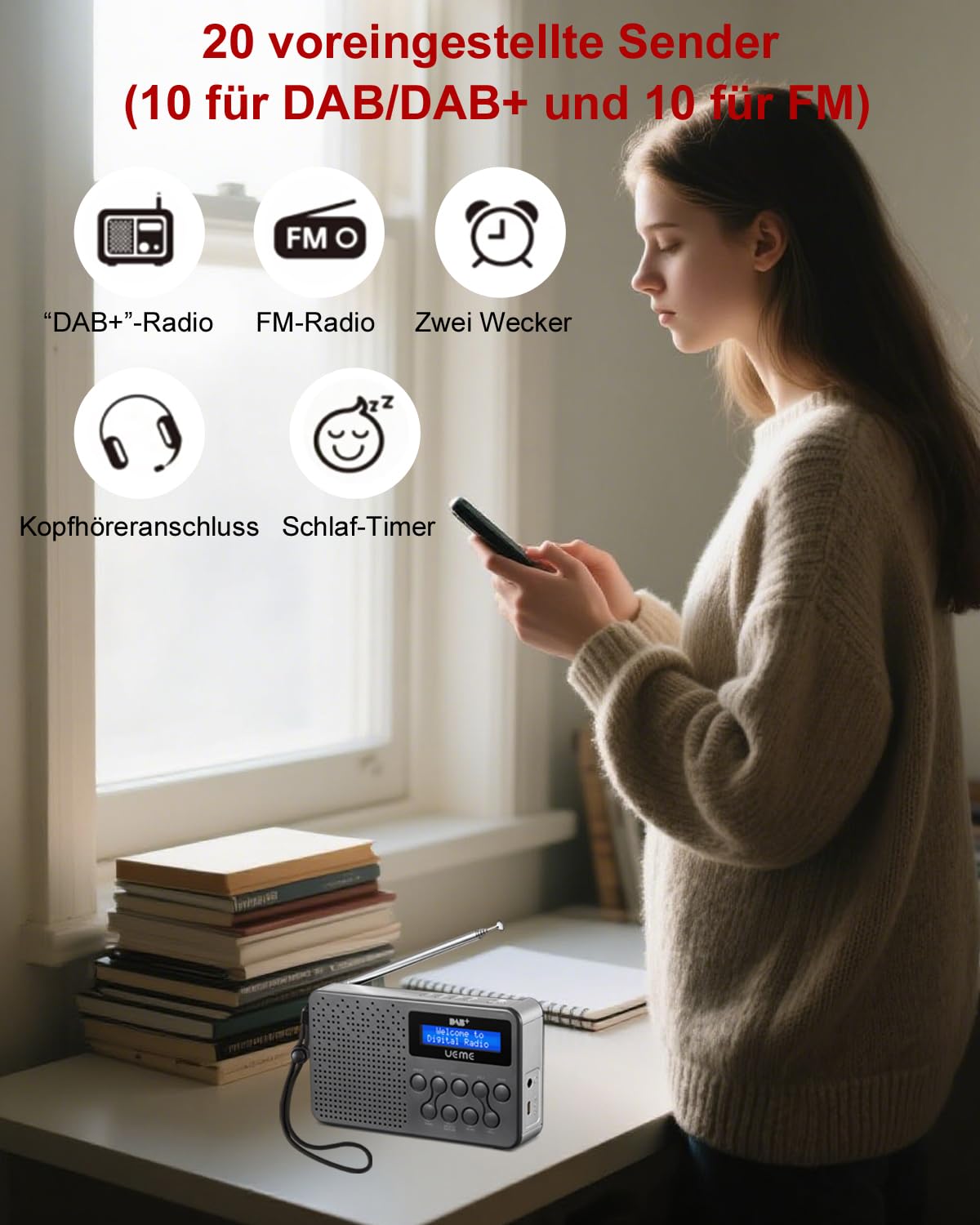 Digitalradio Klein & Tragbar – DAB+/DAB/FM | 3W Lautsprecher mit Verbessertem Bass | 2600mAh Akku+18 Stunden Spielzeit | 20 Senderspeicher+ Radiowecker| für Outdoor & Zuhause(Grau/Silber)