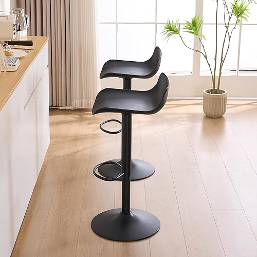 Vista 8 de YOUNIKE Juego de 2 taburetes de bar negros modernos para encimera de cocina con altura ajustable giratoria, respaldo bajo, taburetes de plástico