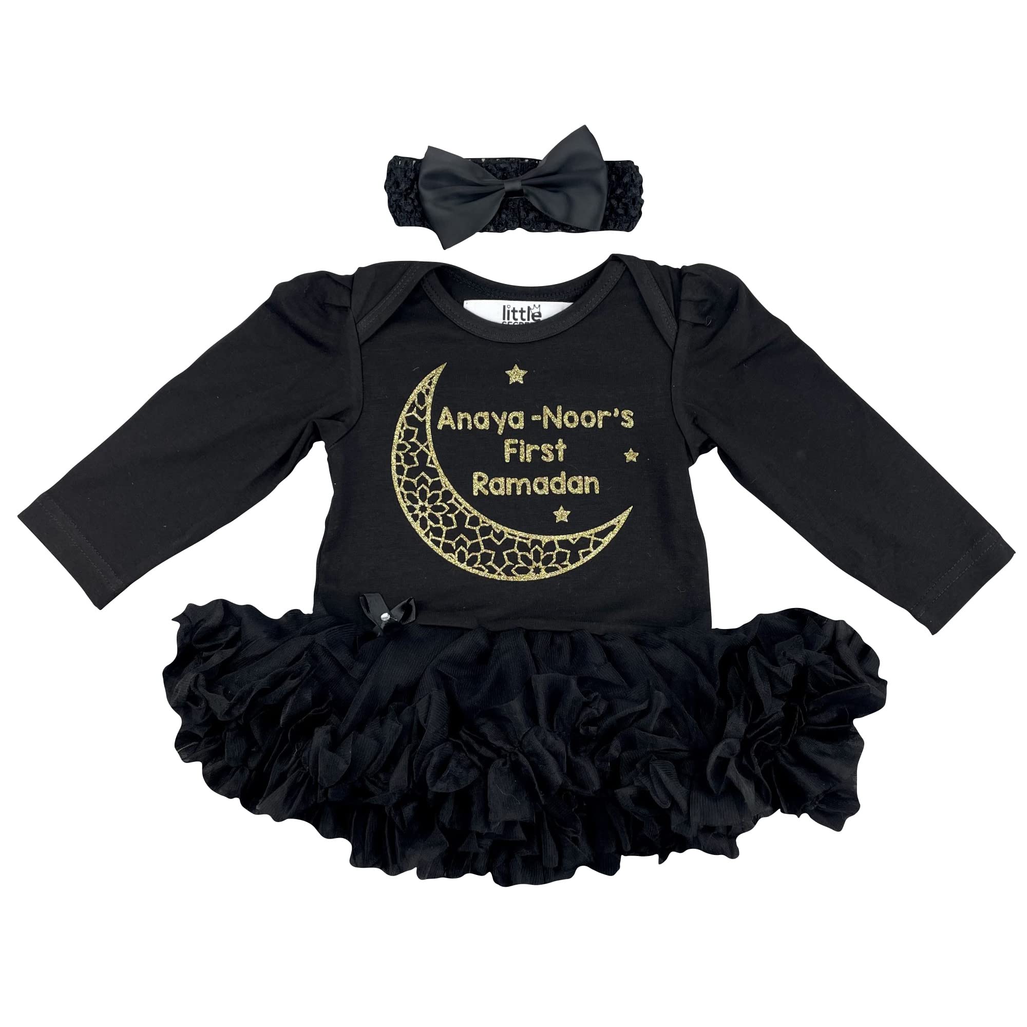 Little Secrets Clothing Personalised Baby Girl's First Ramadan, Newborn Black Tutu Romper with Bow Headband, 1st Eid Gift (0-3 Months)