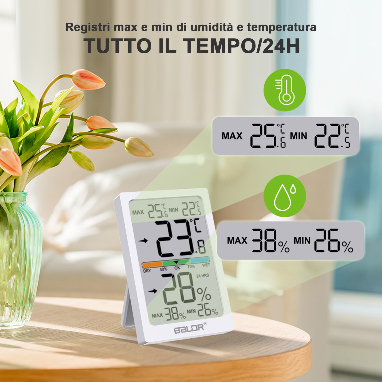 Termo-igrometro digitale per interni con grande schermo LCD, registrazione dei valori max./min., monitoraggio della temperatura e dell'umidità, commutazione °C/°F, indicatore di comfort