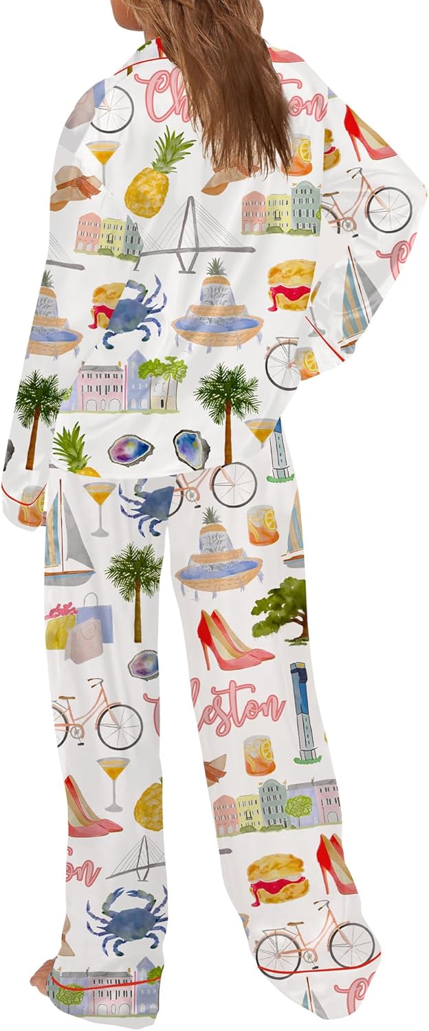 SHESHOW Womens Pajama Sets Long Sleeve Button Down Silky Pjs Travel Print Satin Pajama Set for Women 2 Piece - Image 4