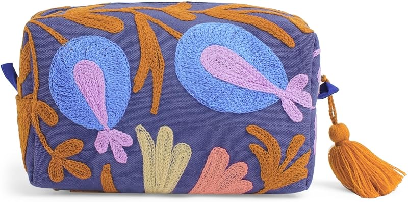 Necessaire de viagem Huar em algodão com estampa floral e zíper, azul-escuro