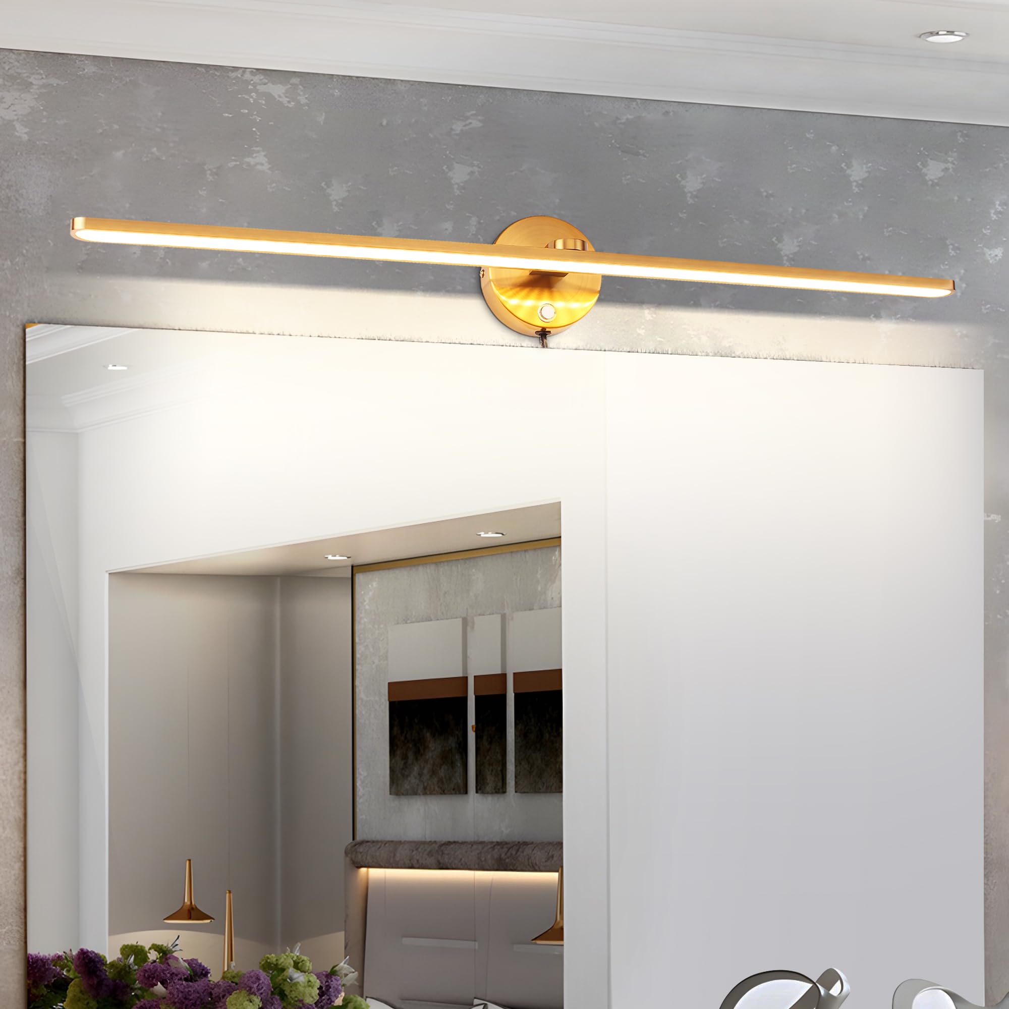 MantoLite LED Dimmable Vanity Lighting Fixtures, 32inch Wall Mounted Plug in Light Fixtures, Bathroom Over Mirror Lamp Bedside Wall Picture Lamps Sconces, 18W 3000K Brass Make-up Mirror Front Lamp
