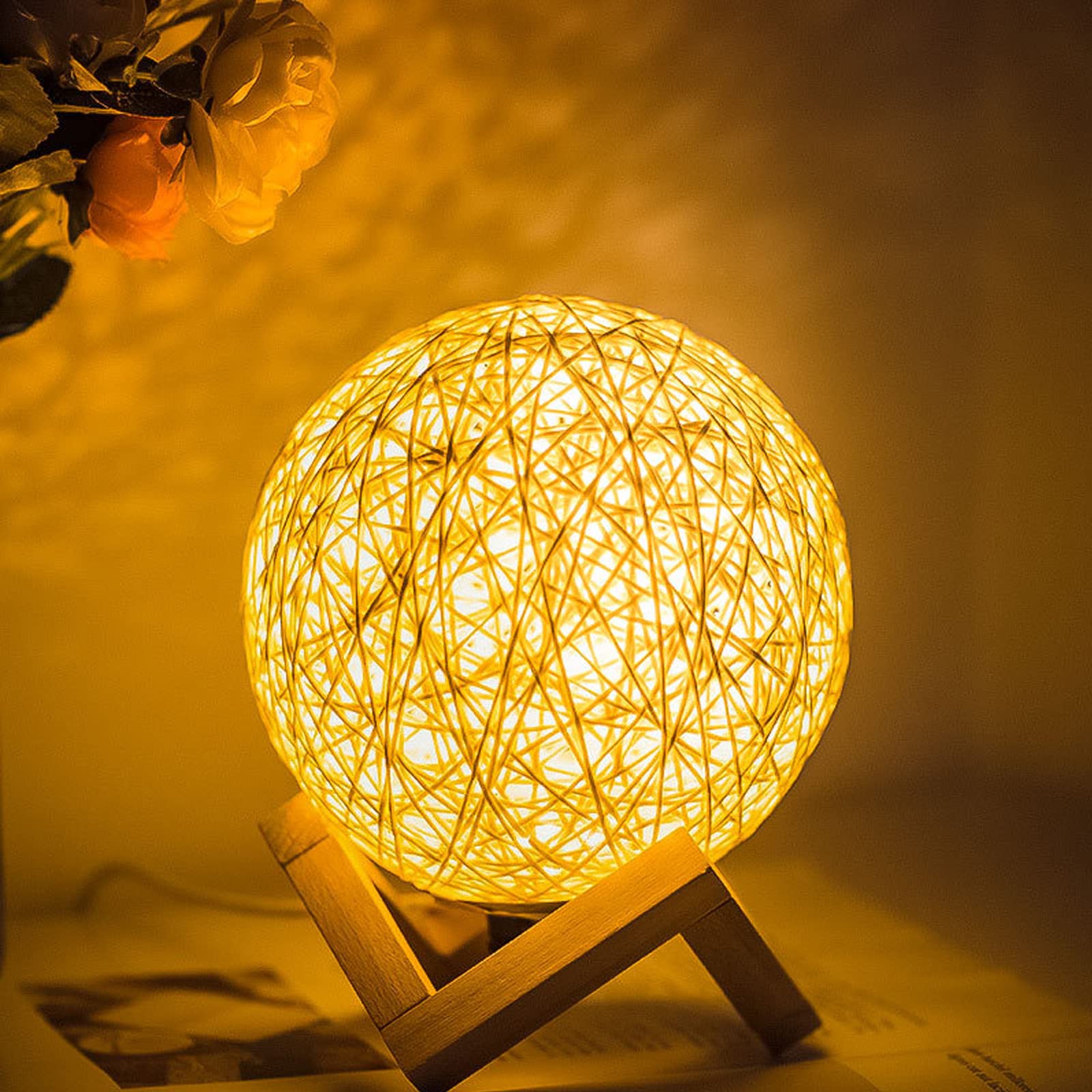 5.9in Rattan Ball Moon Light LED Night Lightt with Stand Touch Control,Table lamp Bedroom Bedside lamp for Kids Friends Lover Birthday Gifts