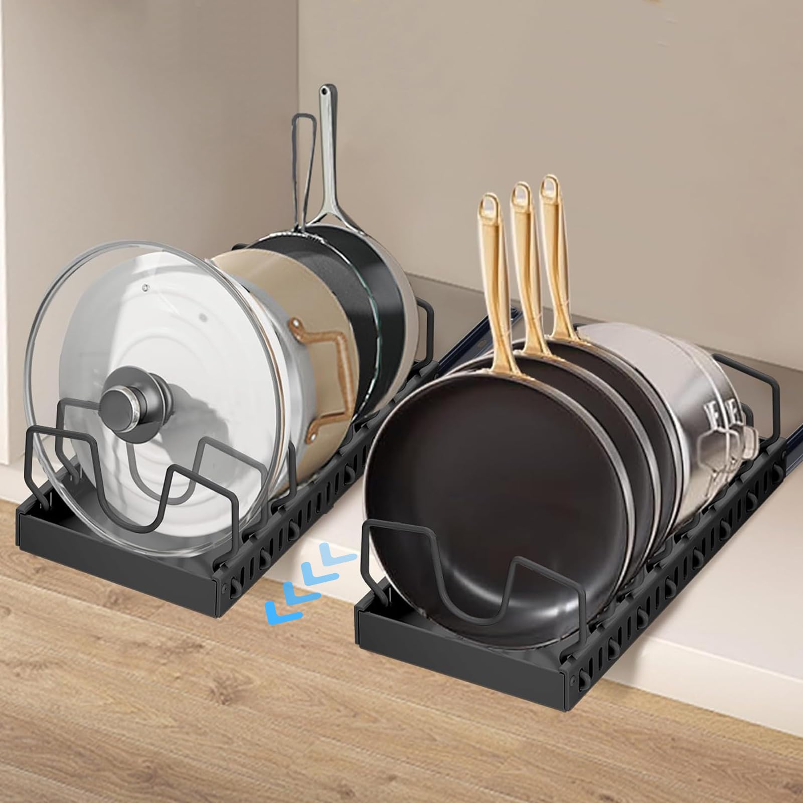 Photo 1 of XIAPIA 2 Pack Pull Out Pots and Pans Organizer Under Kitchen Cabinet, Pot Lid Organizers, Slide Out Cookware Storage Rack with 8 Adjustable Dividers, Pull Out Shelves for Dishware Seasoning, Black