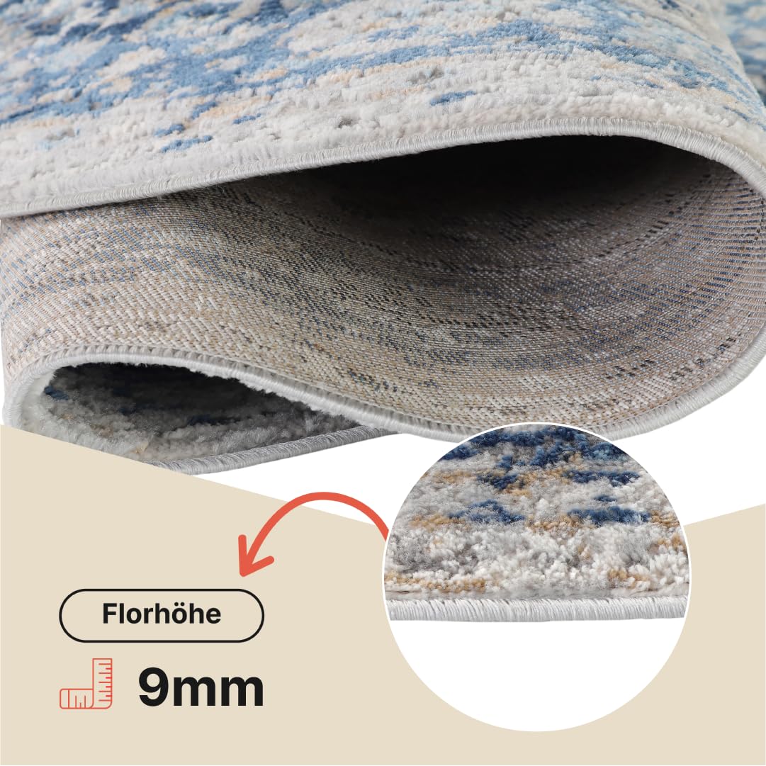 TAPISO Valley Rund Teppich Kurzflor Weiß Grau Blau Ornament 100 x 100 cm