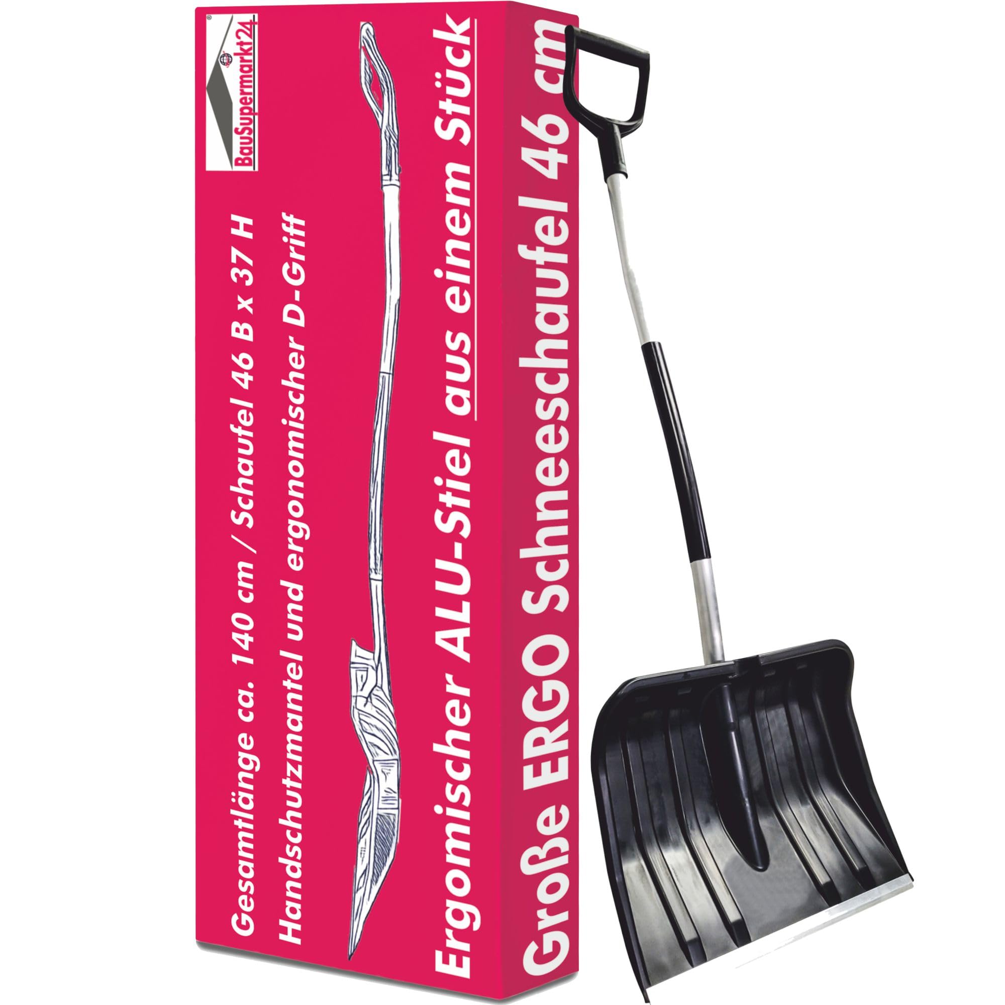 Große Schneeschaufel 46 cm breit mit ergonomischem Aluminium-Stiel und D-Griff Schneeschieber Schneeschippe Schneeschüppe Schneeräumer ergonomisch Spatengriff Schildschaufel Alu-Kante Kunststoffblatt