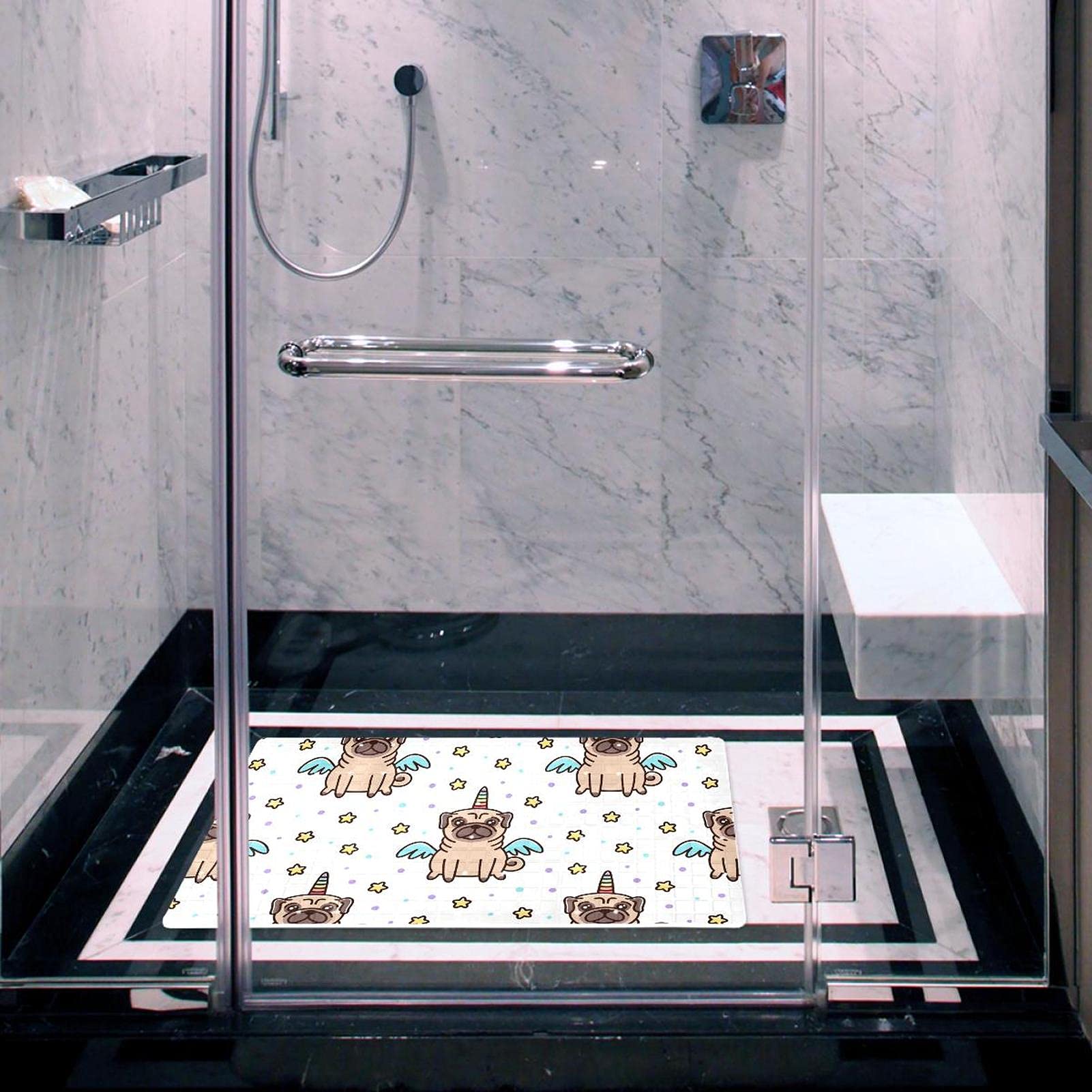 Rutschfeste Badematten mit niedlichem Mops-Motiv, Einhorn-Motiv, Sterne, Flügel, für Badezimmer, rechteckige Badewanne, maschinenwaschbar, 40 x 70 cm