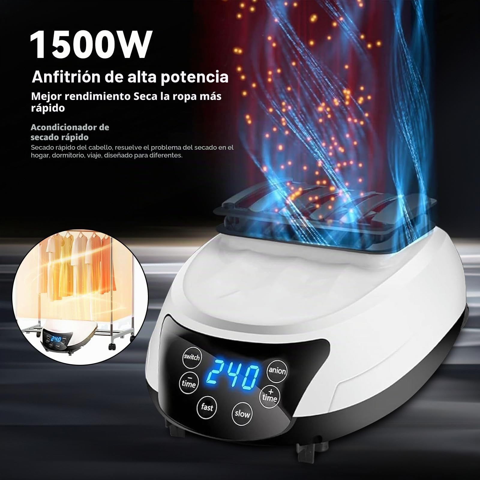 Secadora de ropa eléctrica con función de calefacción, 31 cm, mini secadora de ropa, portátil, con temporizador 60/120/180/240 min, indicador LED, 1500 W, con mando a distancia, para la ropa en casa