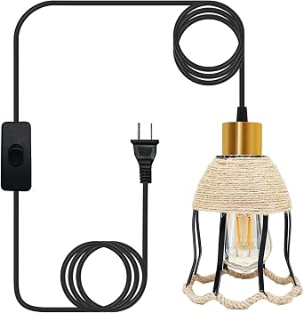 Vintage Handing Light with 14.7ft Cord, Plug in Pendant Light, E26 Socket Pendant lamp Cord with Switch, Metal Antique Brass Handing Lamp Shade, DIY Hanging Lamp Plug in No Bulb