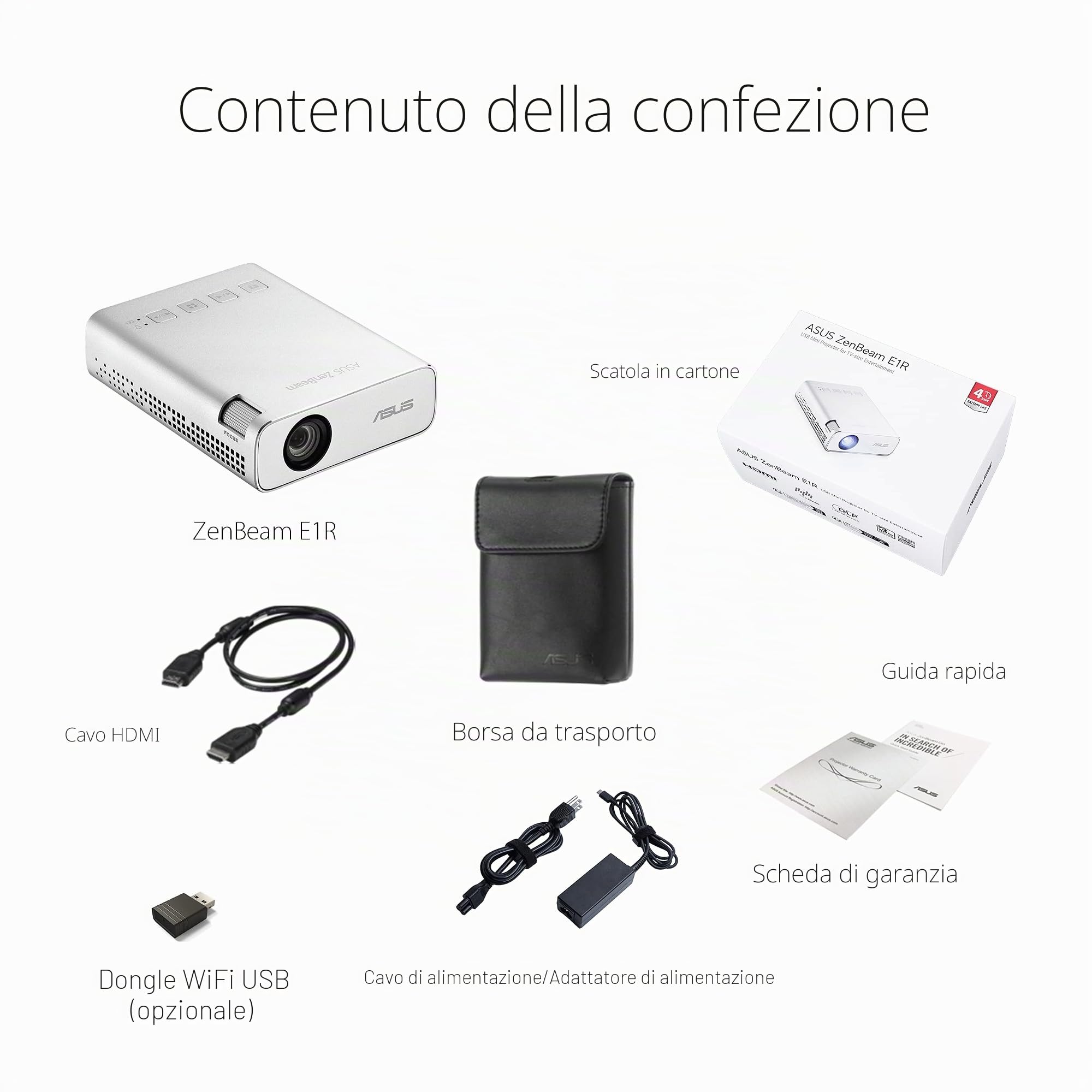 ASUS ZenBeam E1R Mini Proiettore LED, WVGA (854x480), fino a 4 Ore di Riproduzione Video, WiFi, Power Bank, USB Type-A, HDMI, Bianco
