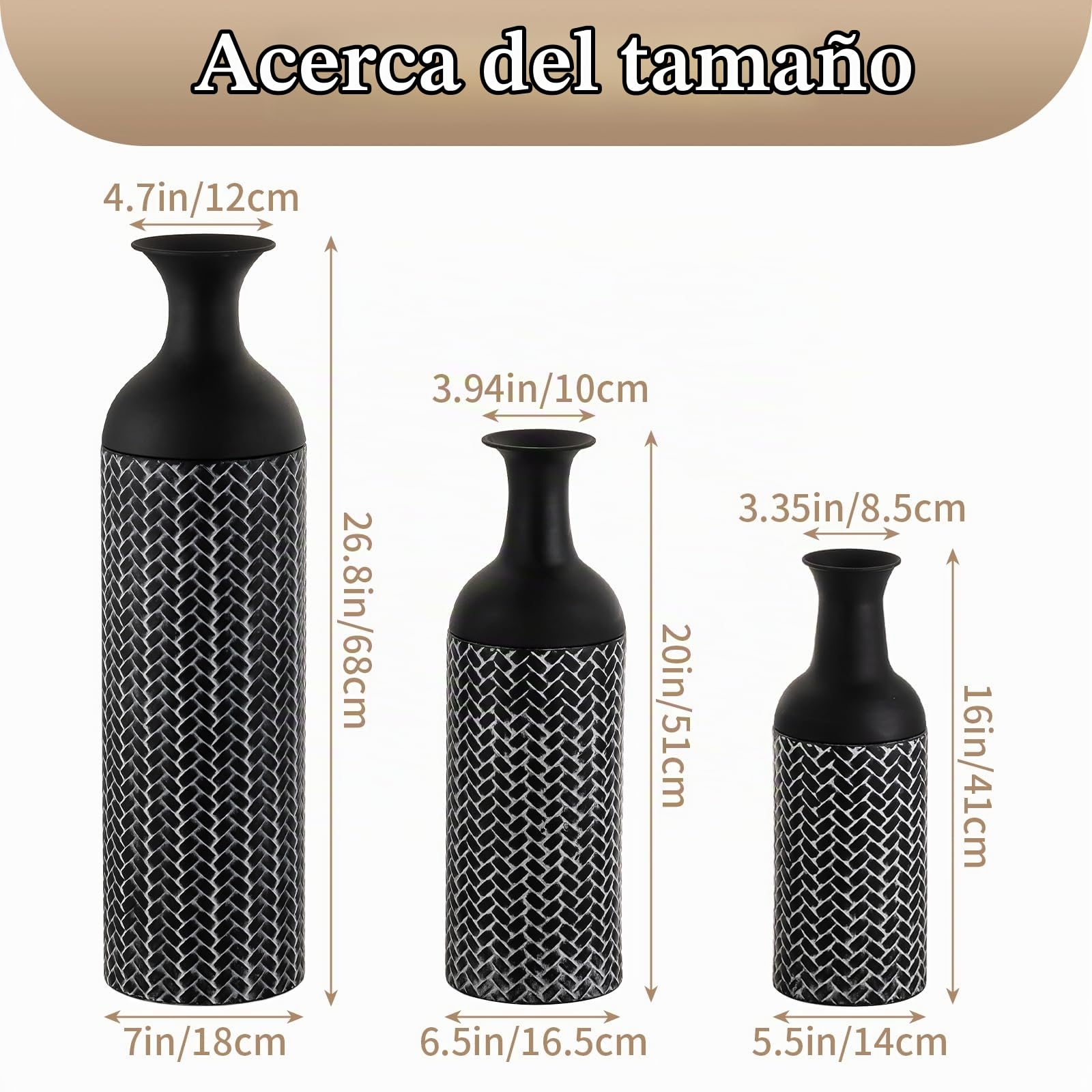 Sziqiqi Jarrones de Suelo Negros: 68/51/41 cm Altos Metal Jarrón de Suelo Juego de 3 Jarrones de Suelo Grande para Sala Vintage Jarrone de Suelo para Chimenea Pasillo Esquina Oficina