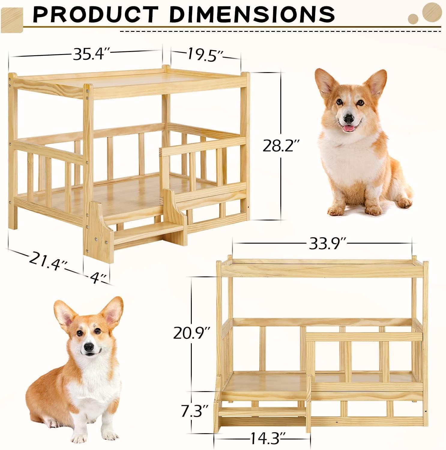 Dog Bed Wooden Dog Bed Frame Dog Kennel Furniture Elevated Pet Bed Dog Bunk Wooden Bed Dog Bed with Rails for Medium & Small Dogs for Dogs Pet Cat ()