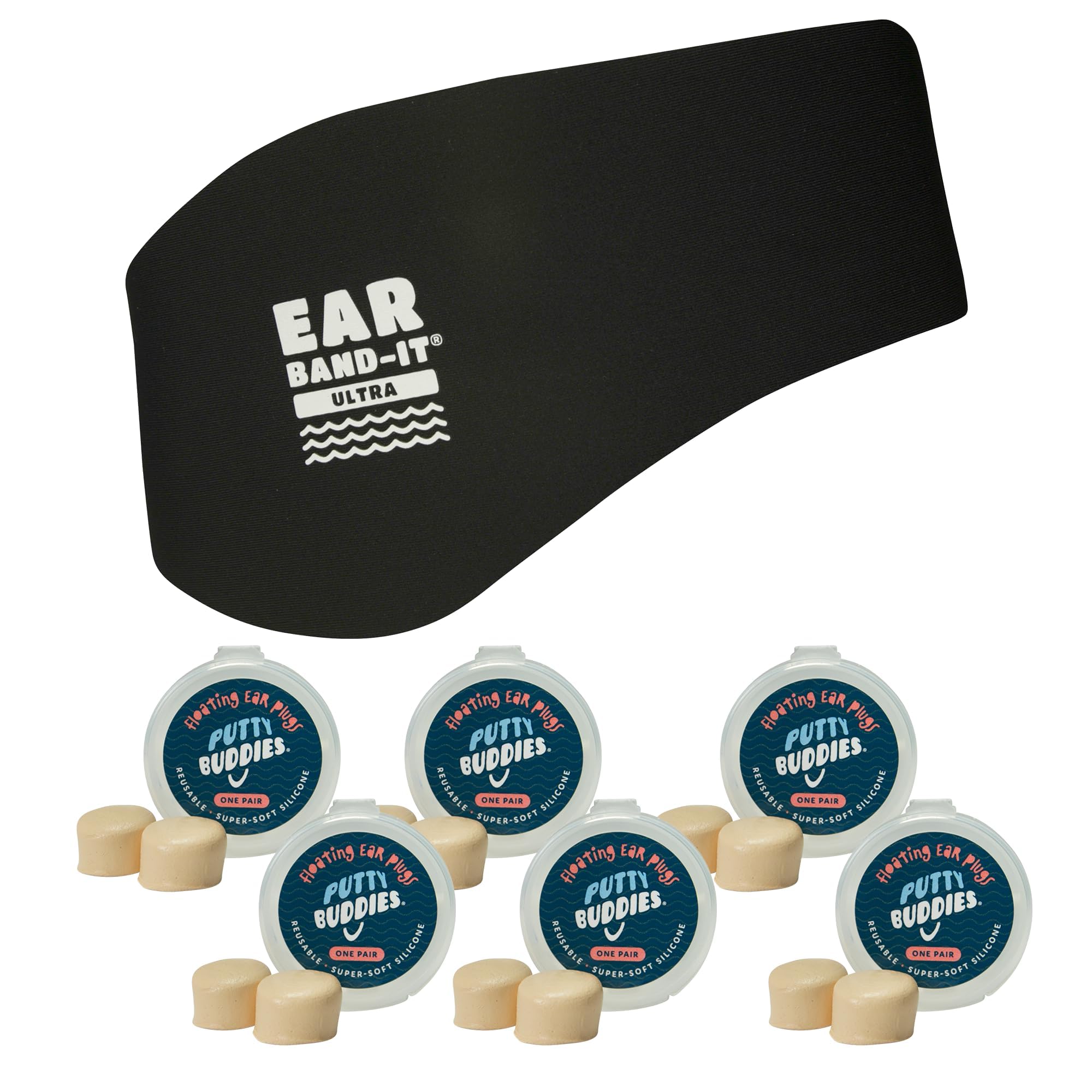 Ear Band-It Swimming Headband with Putty Buddies earplugs (6 Pair) Doctor Recommended Large (Ages 10-Adult) Black