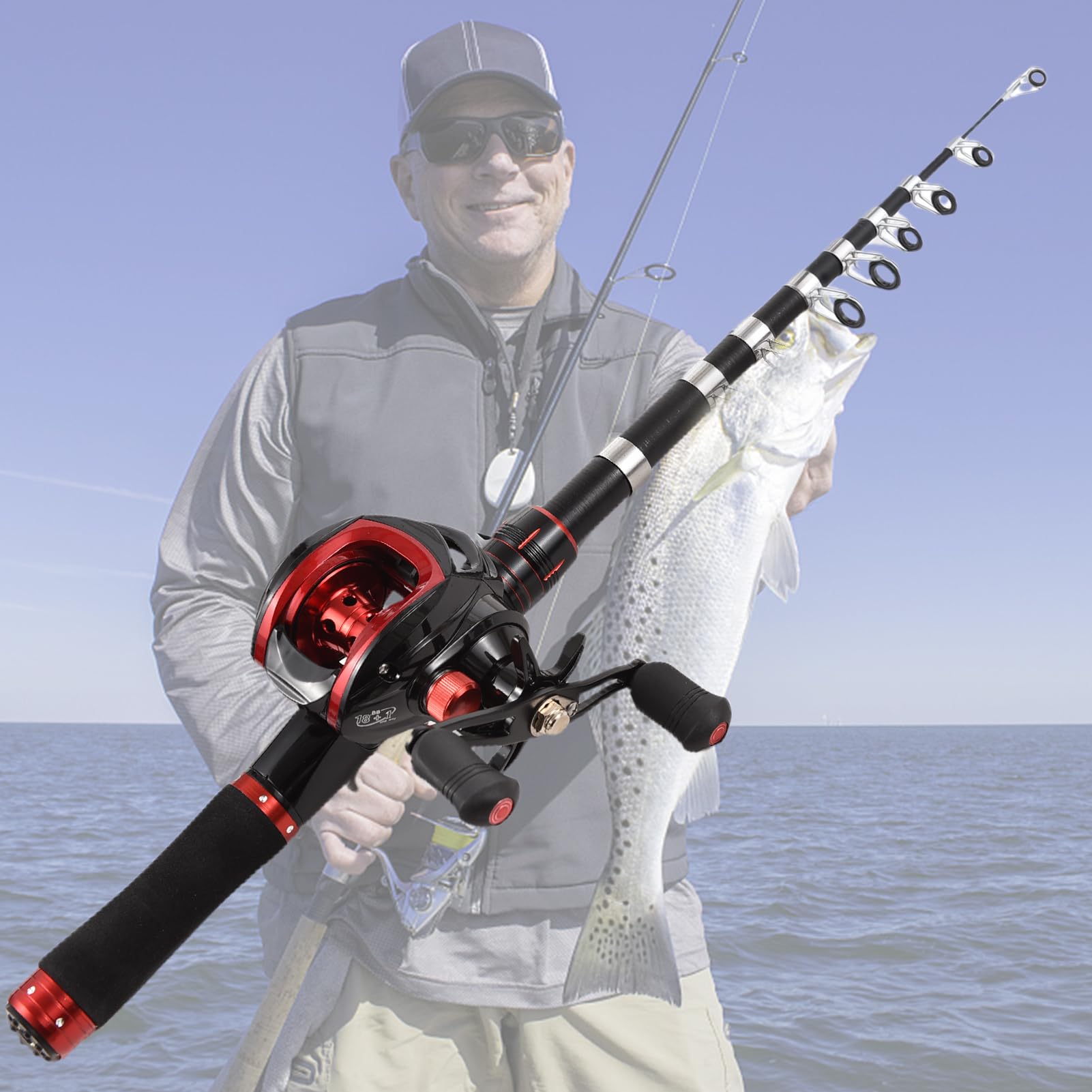 Ensemble Canne à pêche et Moulinet Canne à pêche télescopique de 2,4 m avec Moulinet baitcasting à Droite