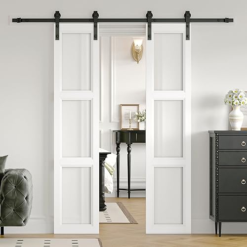 ARK DESIGN Puerta de granero de vidrio de 30 x 84 pulgadas con kit de herrajes para puerta corredera de 6 pies incluido y asa, 5 vidrios