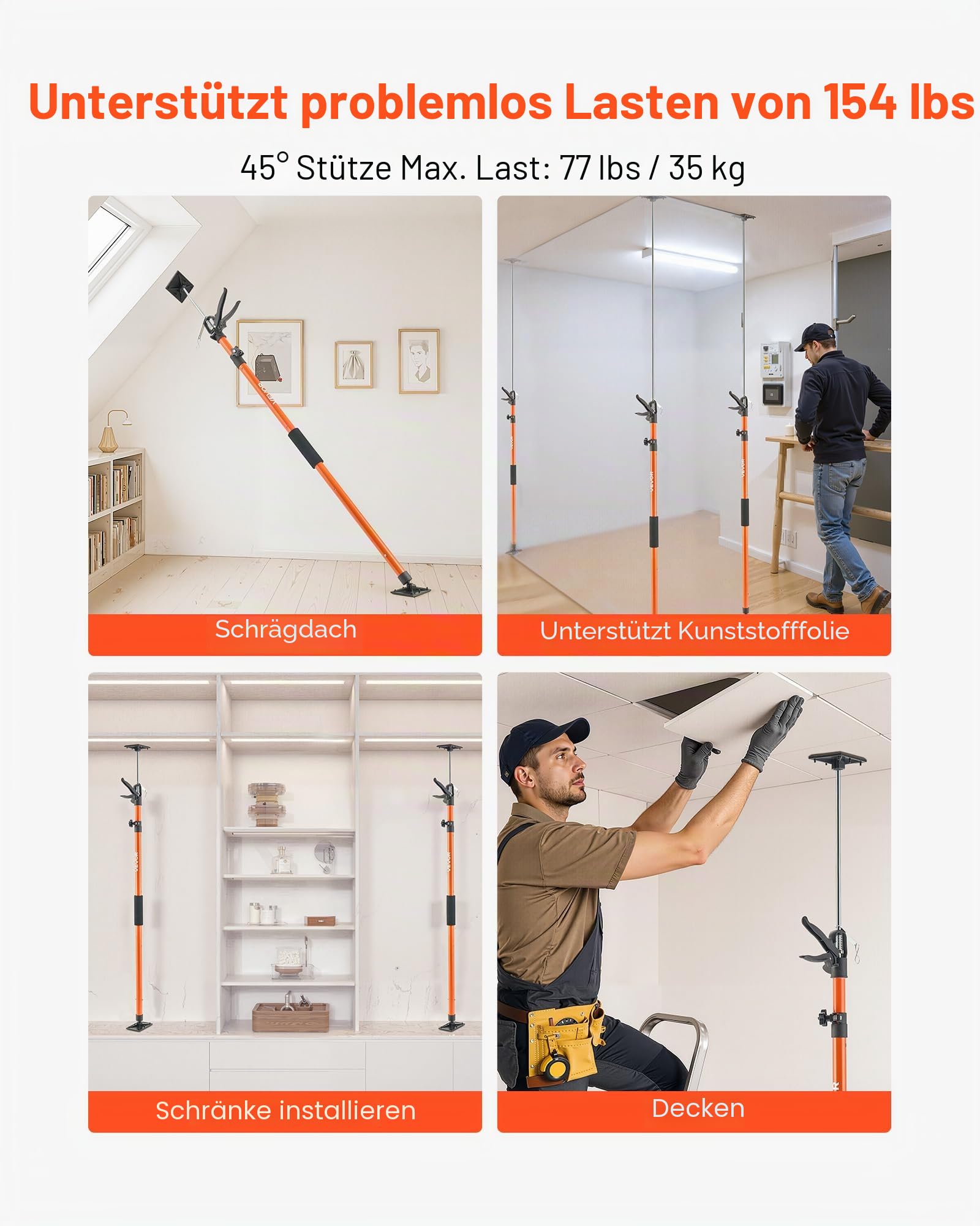 VEVOR Einhandstütze, 2 Stk., Deckenstütze 116–290cm, Teleskopstütze aus Stahl, Montagestütze bis zu 70kg Kapazität zum Installieren von Schränken, Anheben von Trockenbauwänden, Frachtstangen