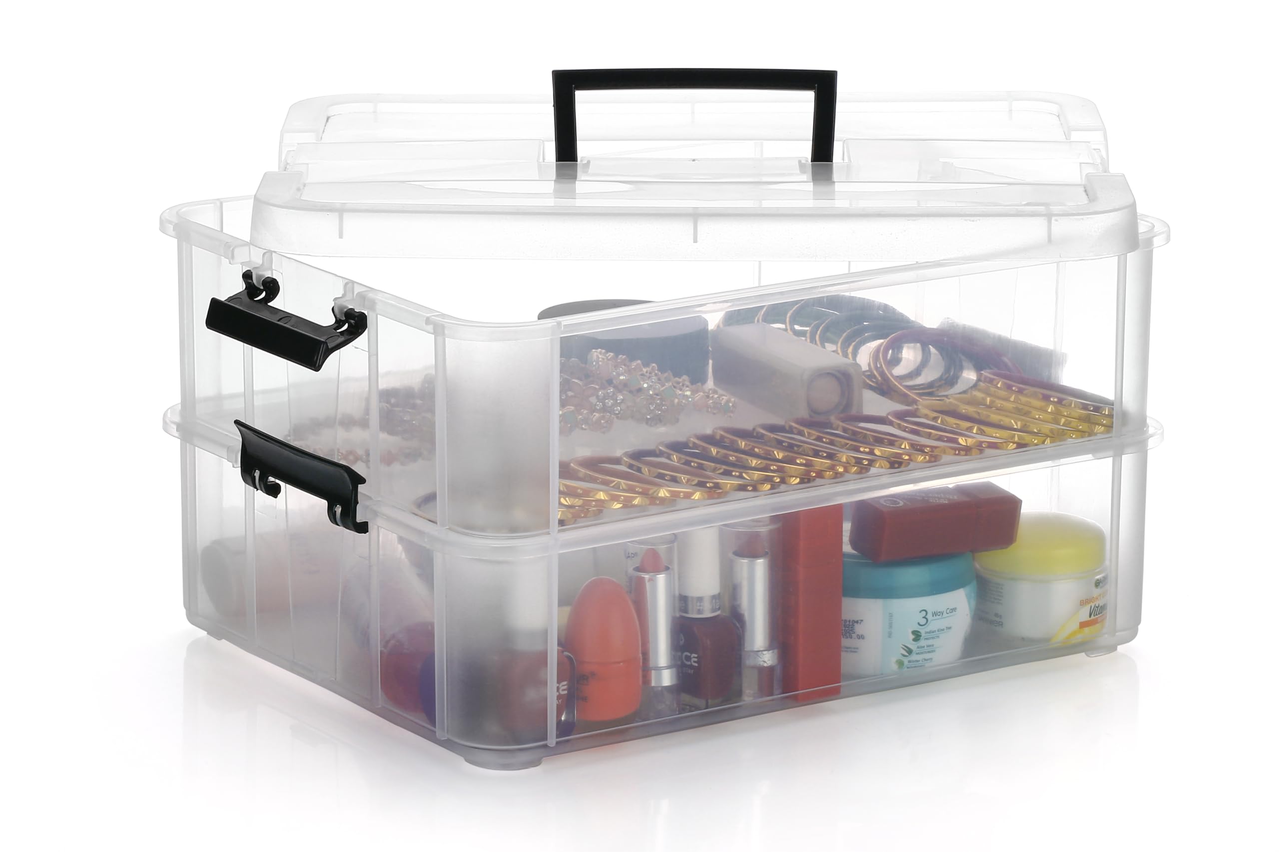 Palak Plastic Storage Box - 2 Tier Transparent Rectangular Multi Utility Detachable For Medicine, Jewelry, Arts & Crafts, Buttons, Beads (2 Tier, Black)