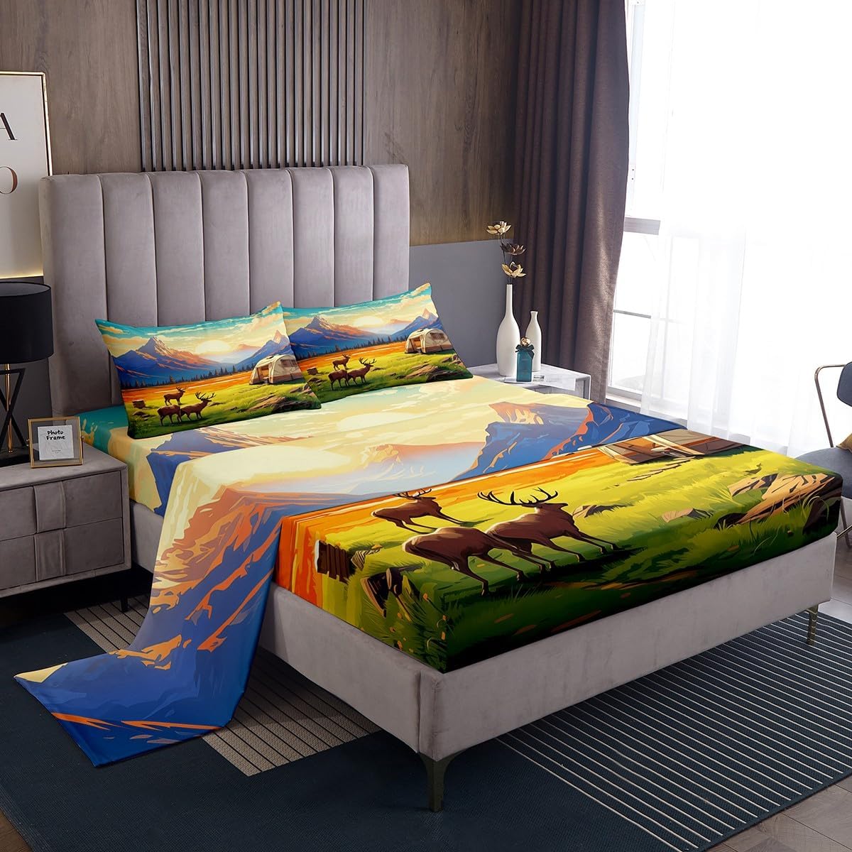 Erosebridal Queen Size Rv Camper Sheets Wildlife Camping Adventure Life Sheet Set, Rustic Deer Decor Bed Sheets Set Farmhouse Wild Animal Bedding Set with 2 Pillowcases
