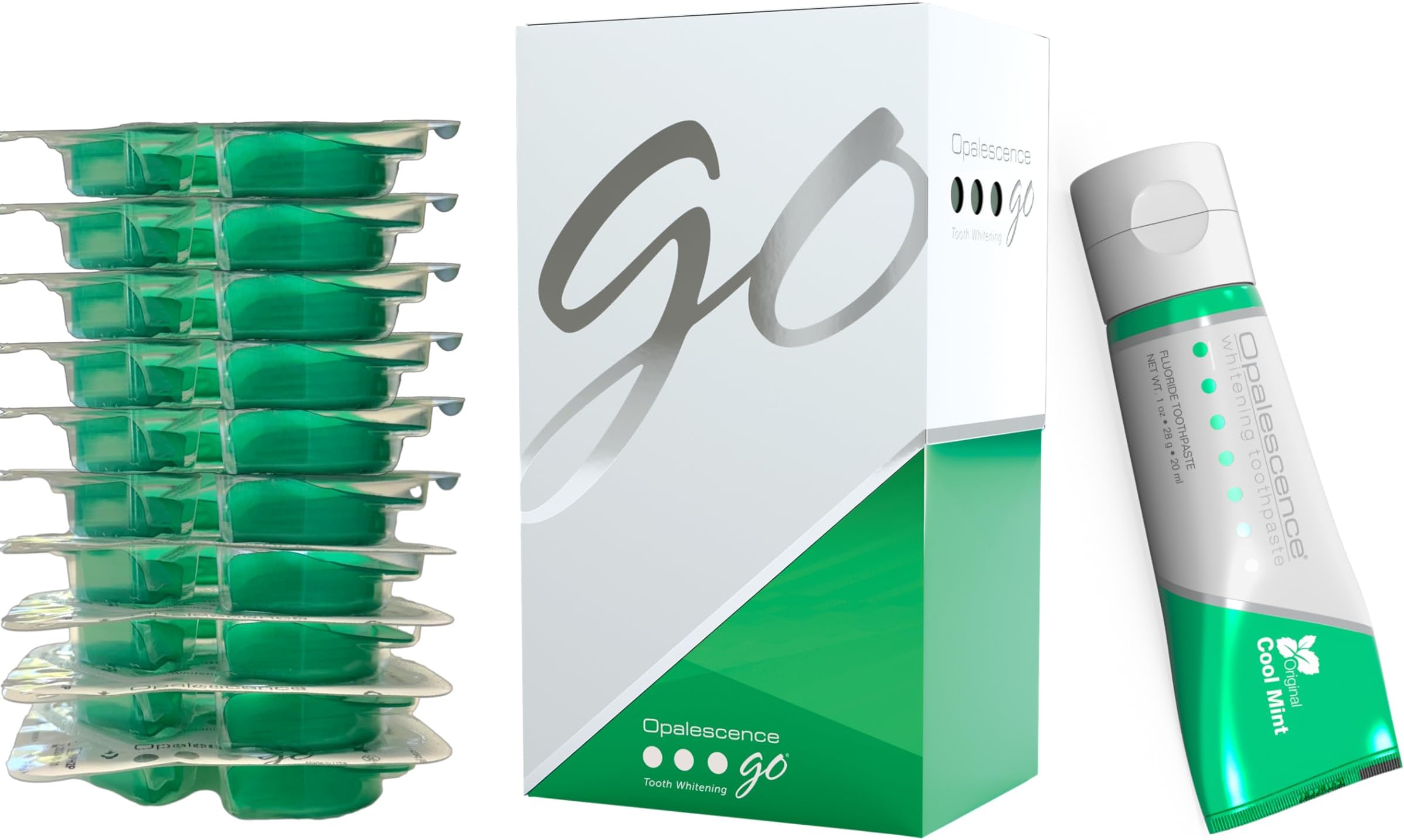 Opalescence GO 15% (10 Treatments) Original Prefilled Teeth Whitening Trays w/Travel Whitening Toothpaste 1.0 Oz. Hydrogen Peroxide - Cool Mint - Made by Ultradent.