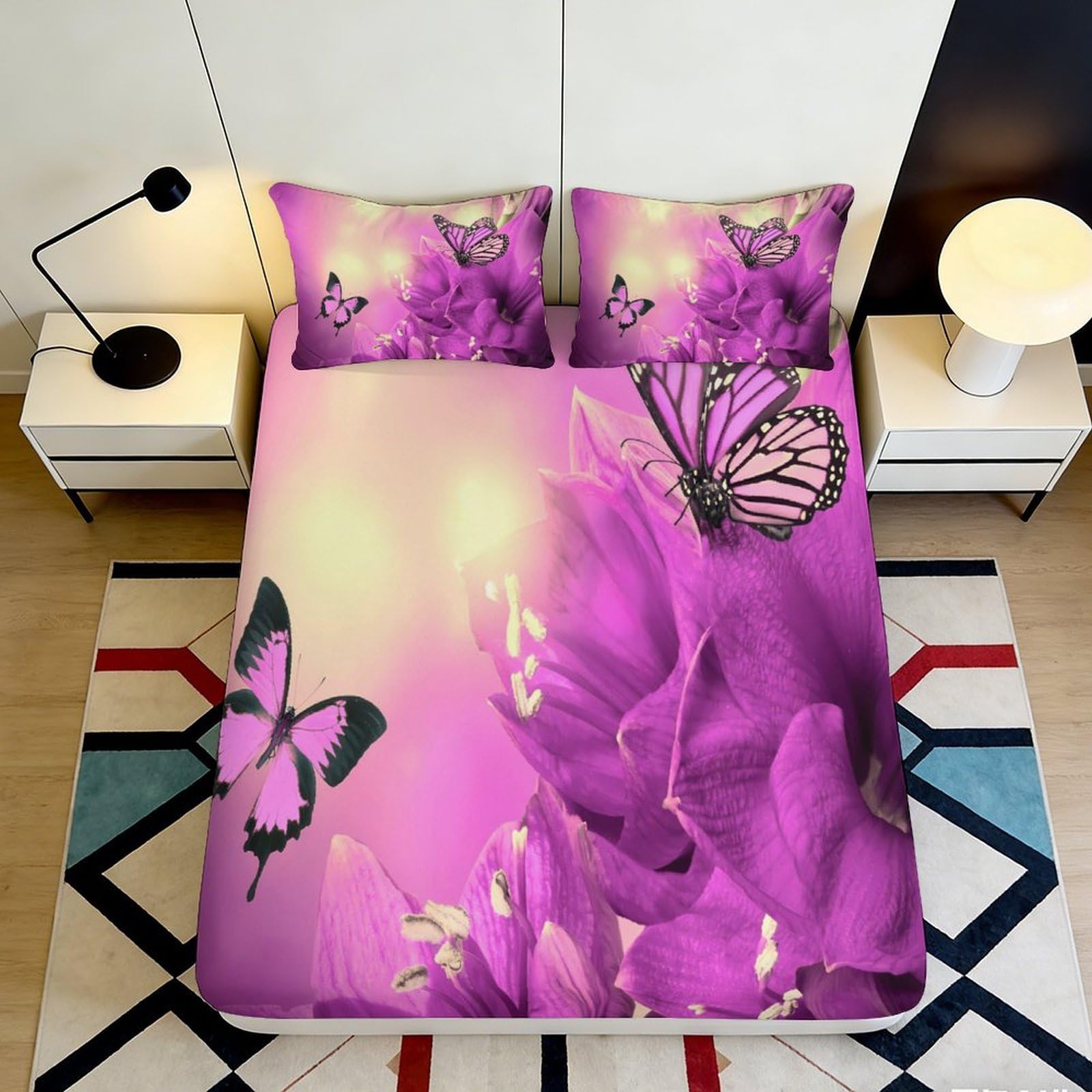 3D Printed Purple Butterfly Fitted Sheet, Microfiber Soft Touch, Bed Cover for Home Decor, Wrinkle Resistant, Guest Room Bedding 90x200x25cm