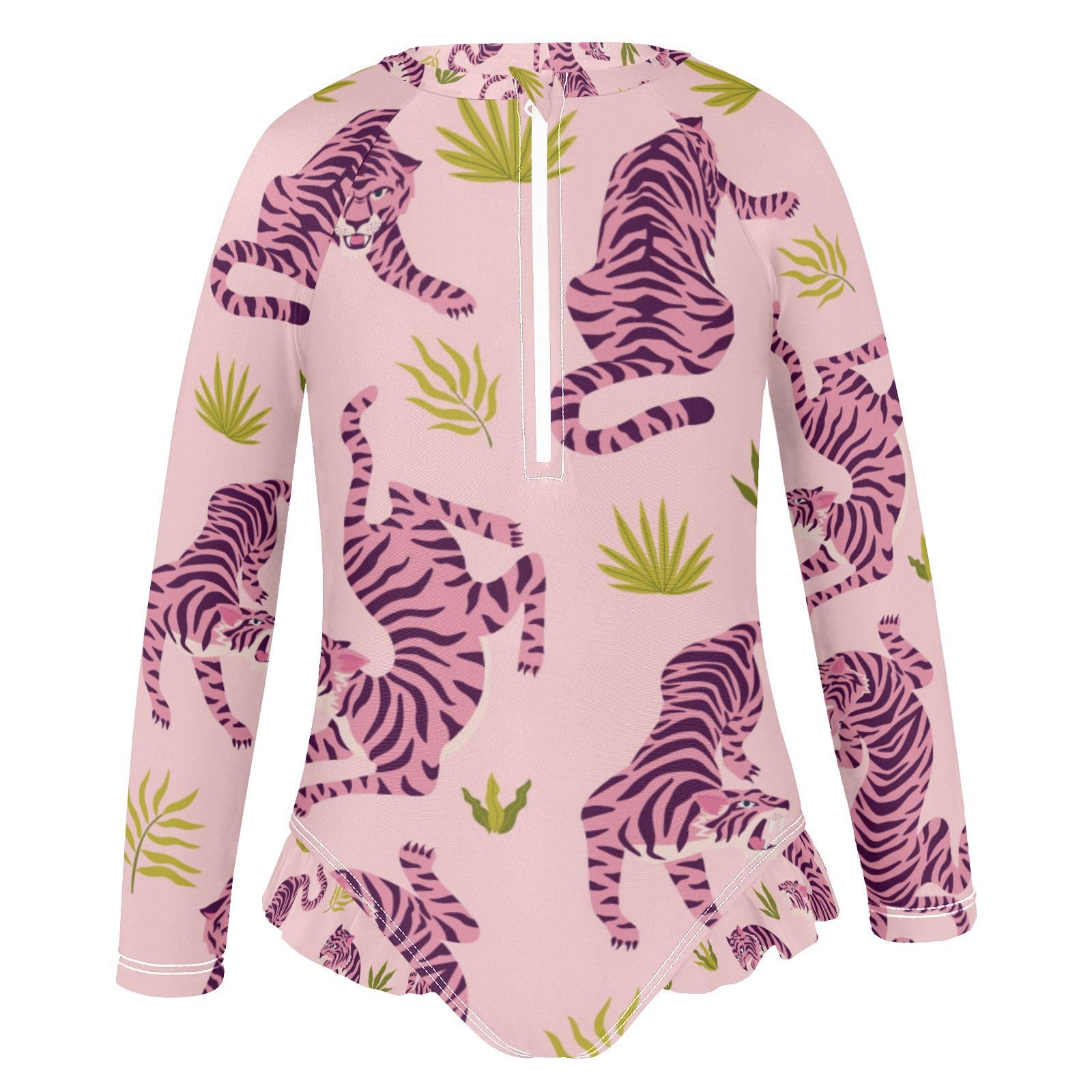 susiyo Pink Tigers and Tropical Leaves Girls One Piece Swimsuits Long Sleeve Bathing Suits Cute Ruffle Swimwear - 7-8T