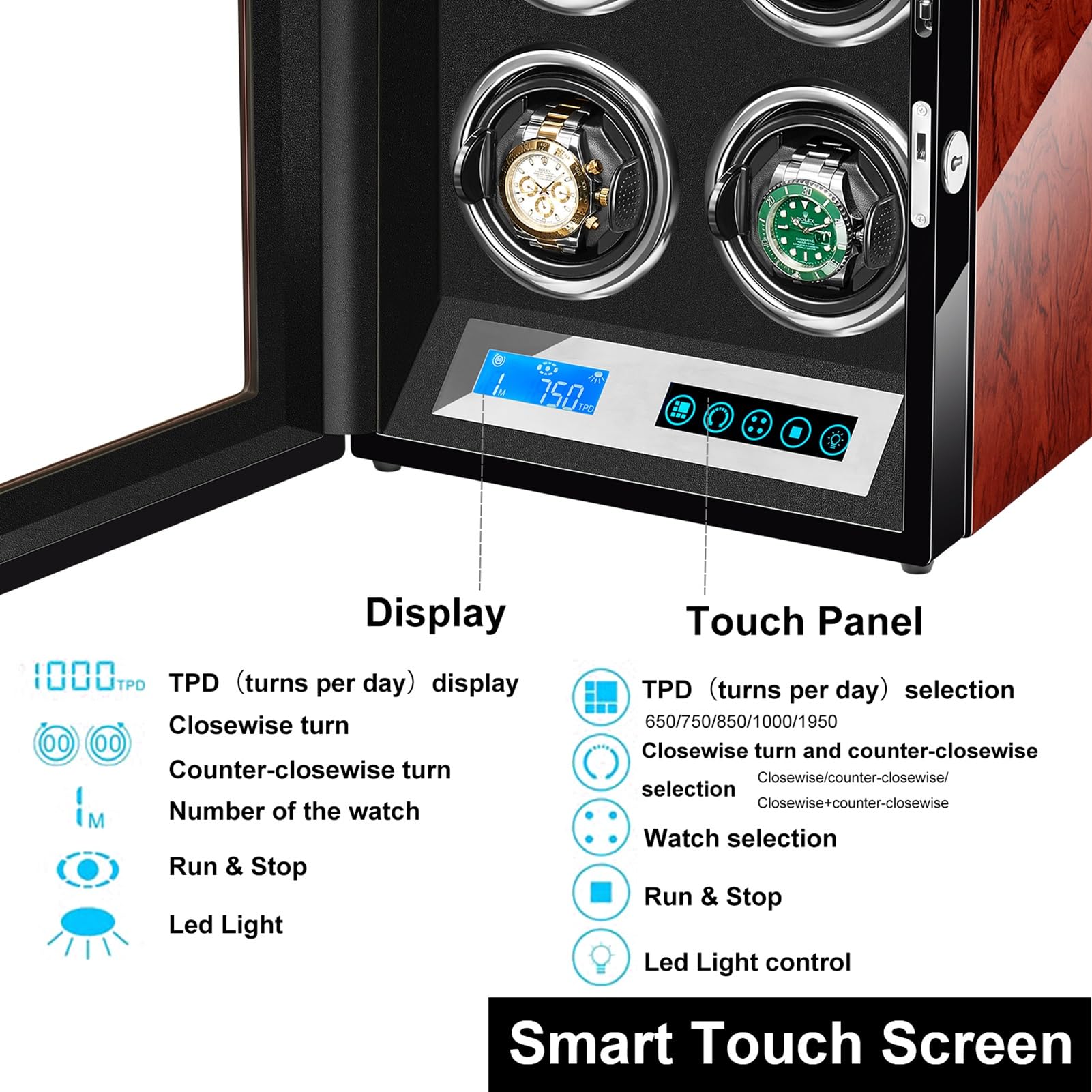 Remontoir Automatique Pour 2 Montres Boîte De Rangement D'affichage De Montres Doubles Rotatives En Bois Montre Mécanique À Remontage Automatique Avec Écran Tactile LCD Moteur Silencieux Mabuchi