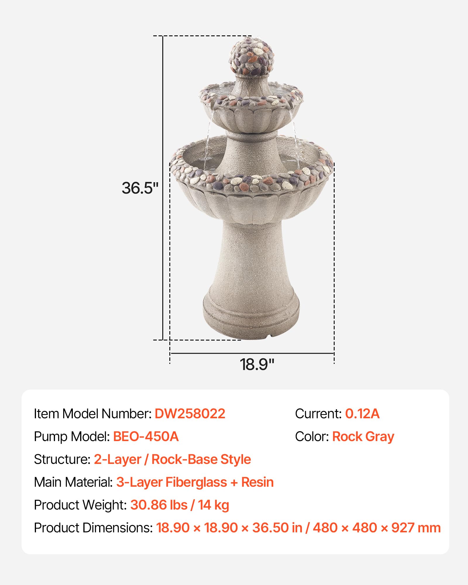 VEVOR Fontana da Esterno, Fontana e Cascata da 480 x 480 x 927 mm, Fontane in Fibra di Vetro e Resina a 2 Livelli con Base in Roccia da Pavimento e Pompa, per Esterni, Interni, Giardino, Casa