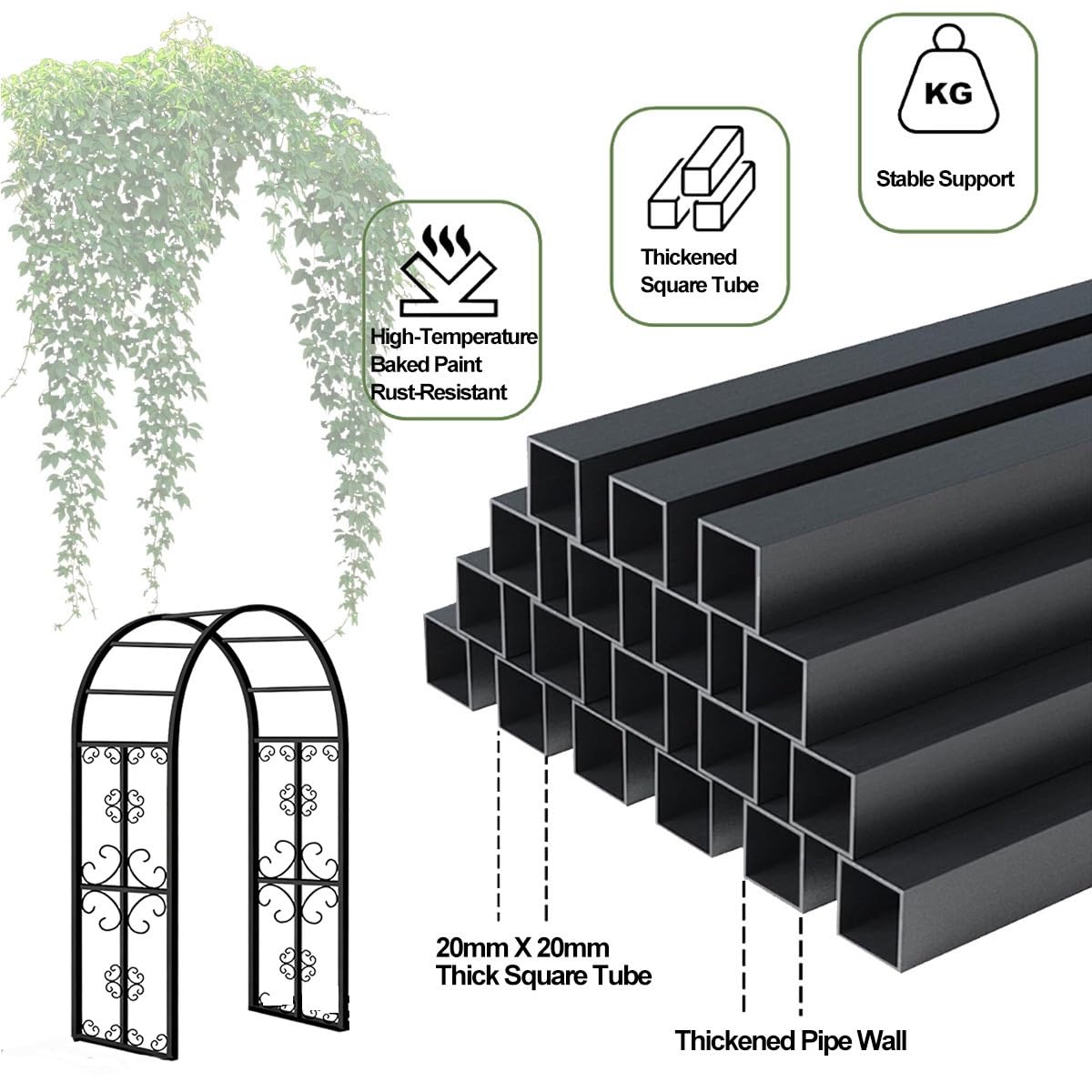Ozdobny Łuk Ogrodowy Metalowy, Pergola Wbijana W Ziemię Na Róże I Pnącza, Stabilna Podpora Do Roślin Z Ornamentami, 140cm 180cm 220cm 260cm 300cm 340cm(Zielony,300cm X 230cm)