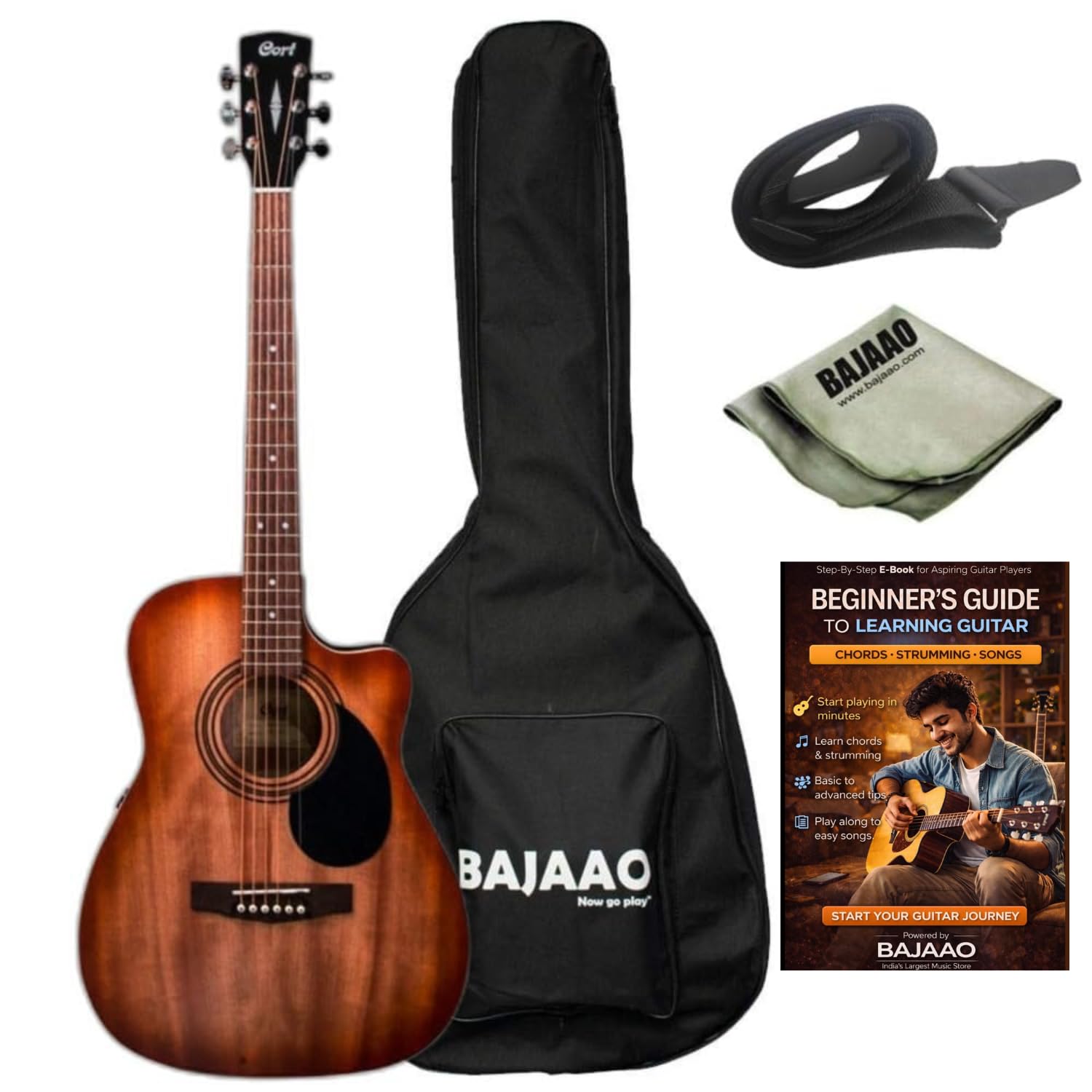 Cort AF500CE Standard Series Cutaway 6 String Electro Acoustic Guitar with Gig-Bag, Strap, Polishing Cloth & E-Book-image-4