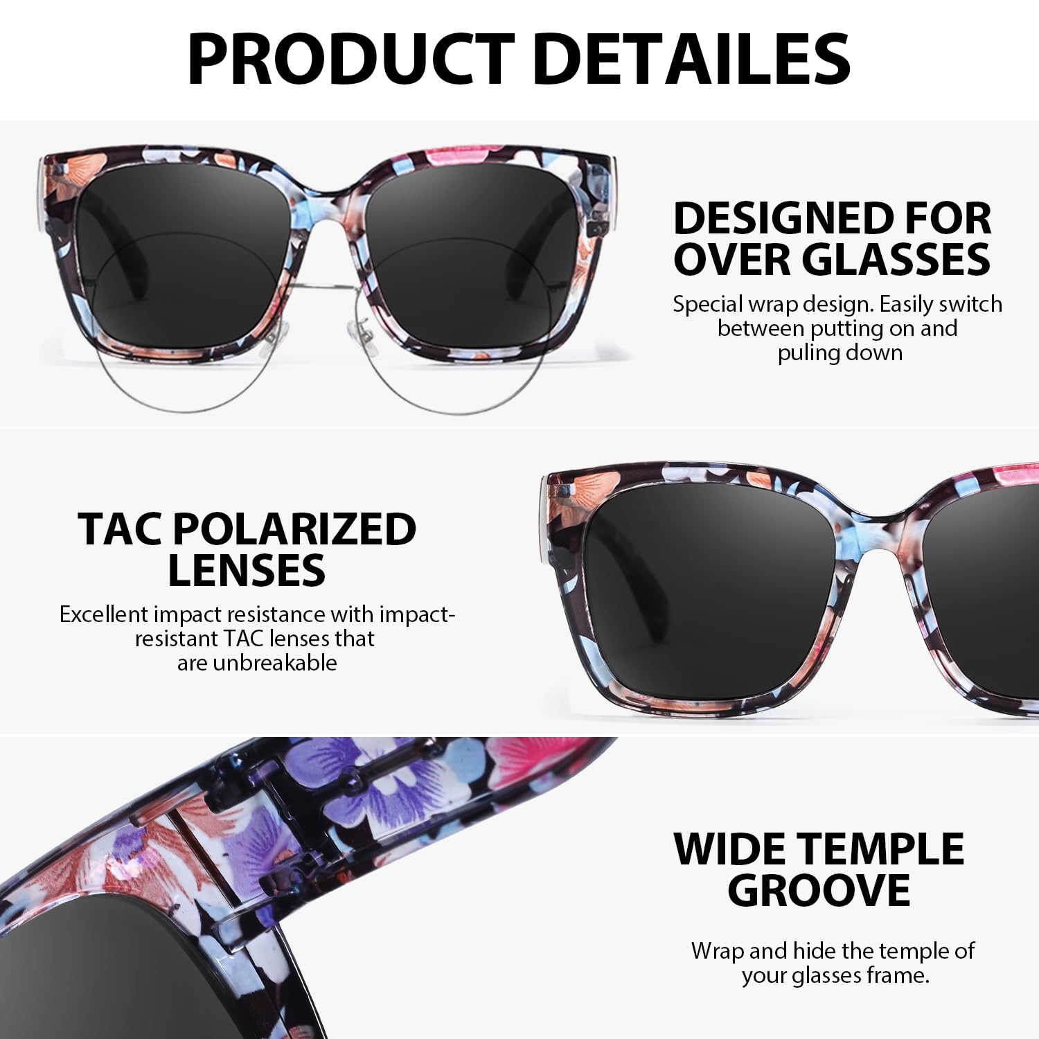 VIEWBETTER Occhiali da sole polarizzati per uomo e donna, taglie forti, alla moda, eleganti, protezione UV400, S7511