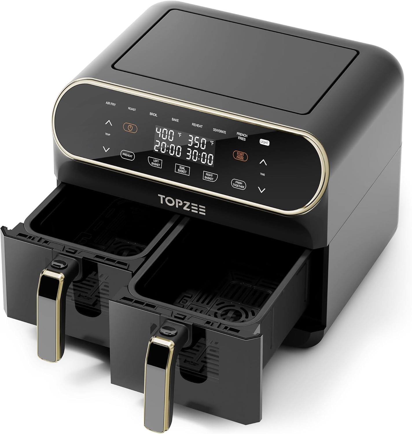 TOPZEE 8 QT Dual Basket Air Fryer with baskets pulled out
