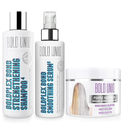 BOLD UNIQ Mascarilla capilar morada para cabello rubio, platino, decolorado, plateado, gris, ceniza y cobrizo, suero BoldPlex 6 y paquete de champú