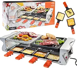 MasterChef Grelha elétrica de mesa Raclette com placa antiaderente para grelhar e pedra de cozinha - Fogão de mesa para 8 pessoas para uso interno, sem fumaça, churrasco coreano - queijo derretido