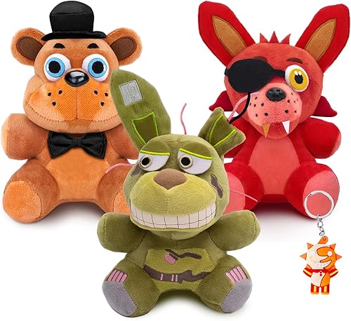 MIGELIN FNAF - Juego de peluches de Freddy Fazbear y Foxy y Springtrap de 7 pulgadas, animales de peluche FNAF para cumpleaños y Navidad, peluche
