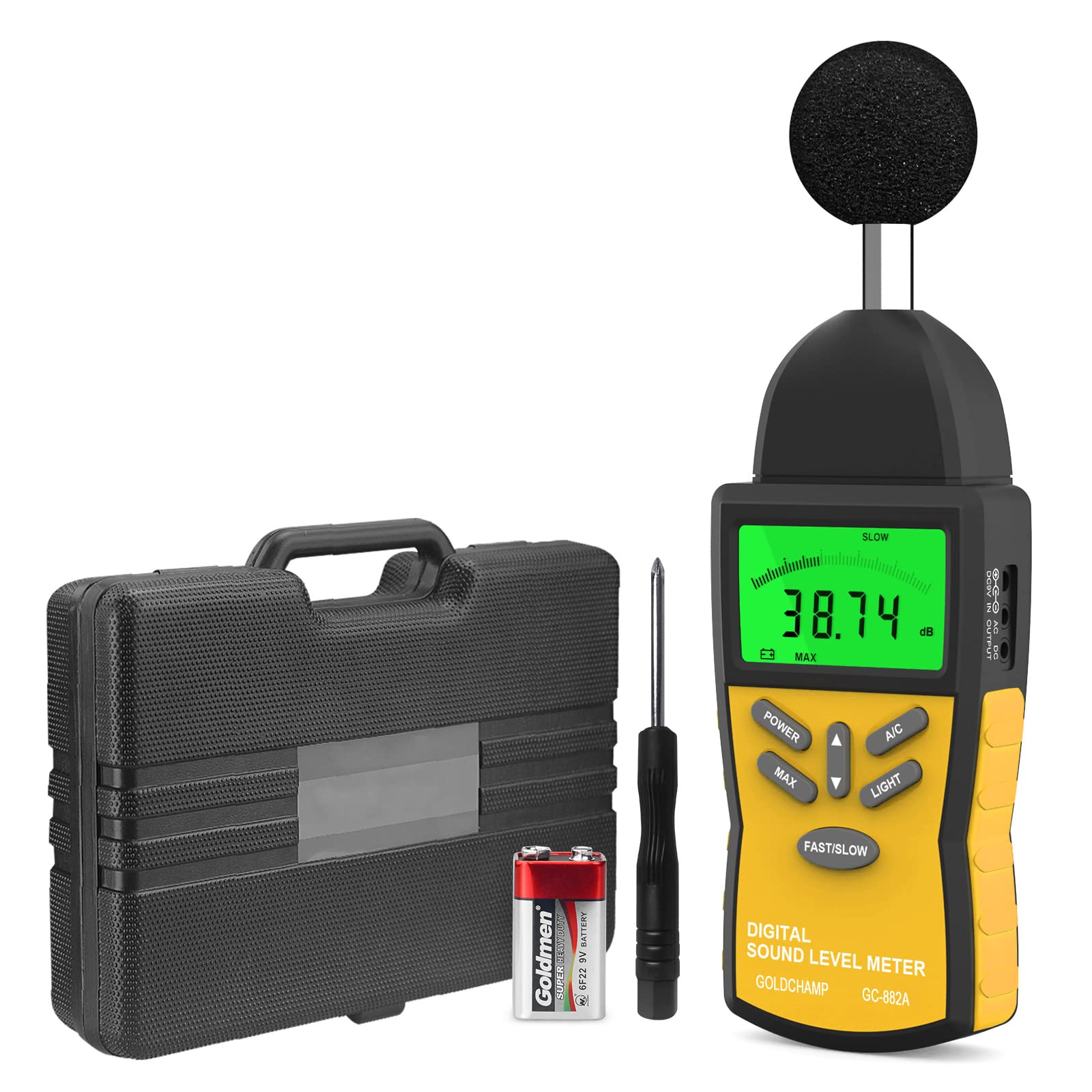 Testeur de décibels, niveau sonore 882A portable 30-130 dB avec écran LCD à 5 chiffres, testeur de bruit dBA/DBC, sélection rapide/lente pour le contrôle de la qualité du son, jaune