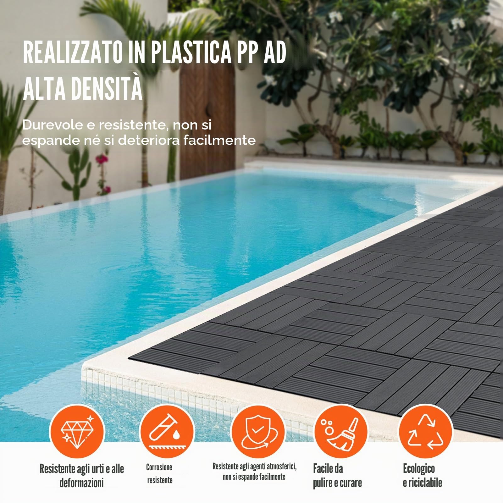 VEVOR Piastrelle per Patio ad Incastro 54 Pezzi 300 x 300 x 20 mm, Piastrelle Impermeabile in Plastica, Piastrelle per Tutte Le Condizioni Atmosferiche, per Portico Piscina Cortile, Grigio Scuro