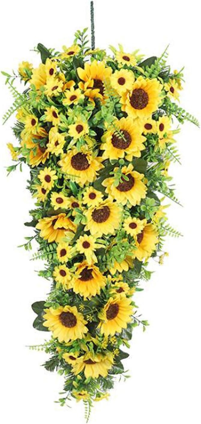 Aojie Sunflower Swag Door Hanging Wreath,Spring Decorative Floral Swag Wreath with Sunflowers,Green Leaves Front Door Garland for Home Party Window Wall Wedding Arch Decoration