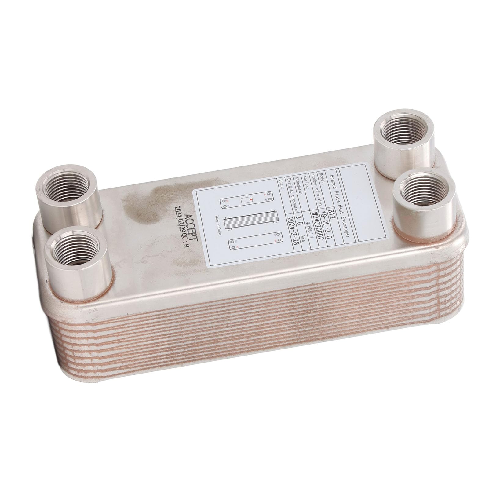 Bewinner Intercambiador de Calor de Placa Soldada de 18 Placas, 2L, Enfriador de Mosto de Cerveza de Cobre de Acero Inoxidable 304 para Refrigeración por Agua, Elaboración de Cerveza Casera