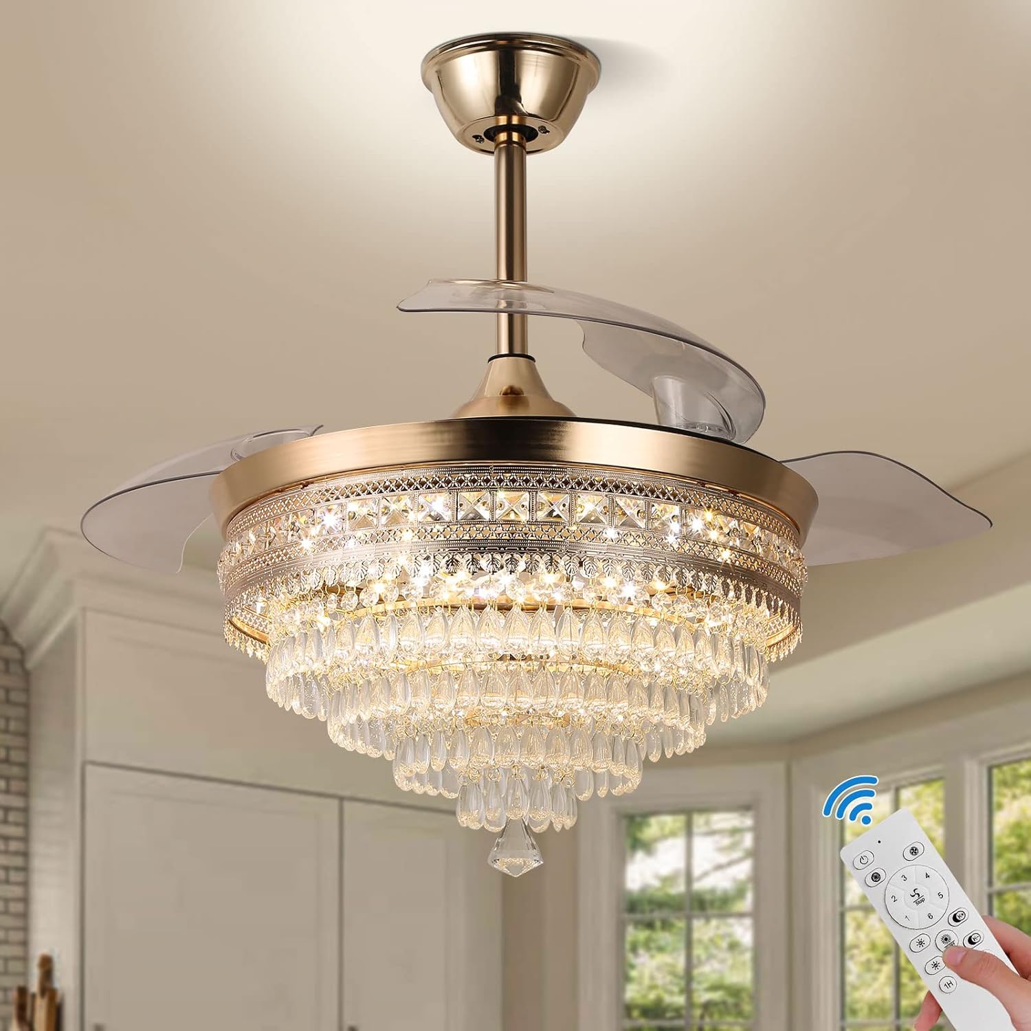 42" Gold Dimmable LED Fandelier with Light Modern LED Crystal Ceiling Fan with Light Invisible Fandeliers 3 in 1 Color with Memory Function 9001-Gold