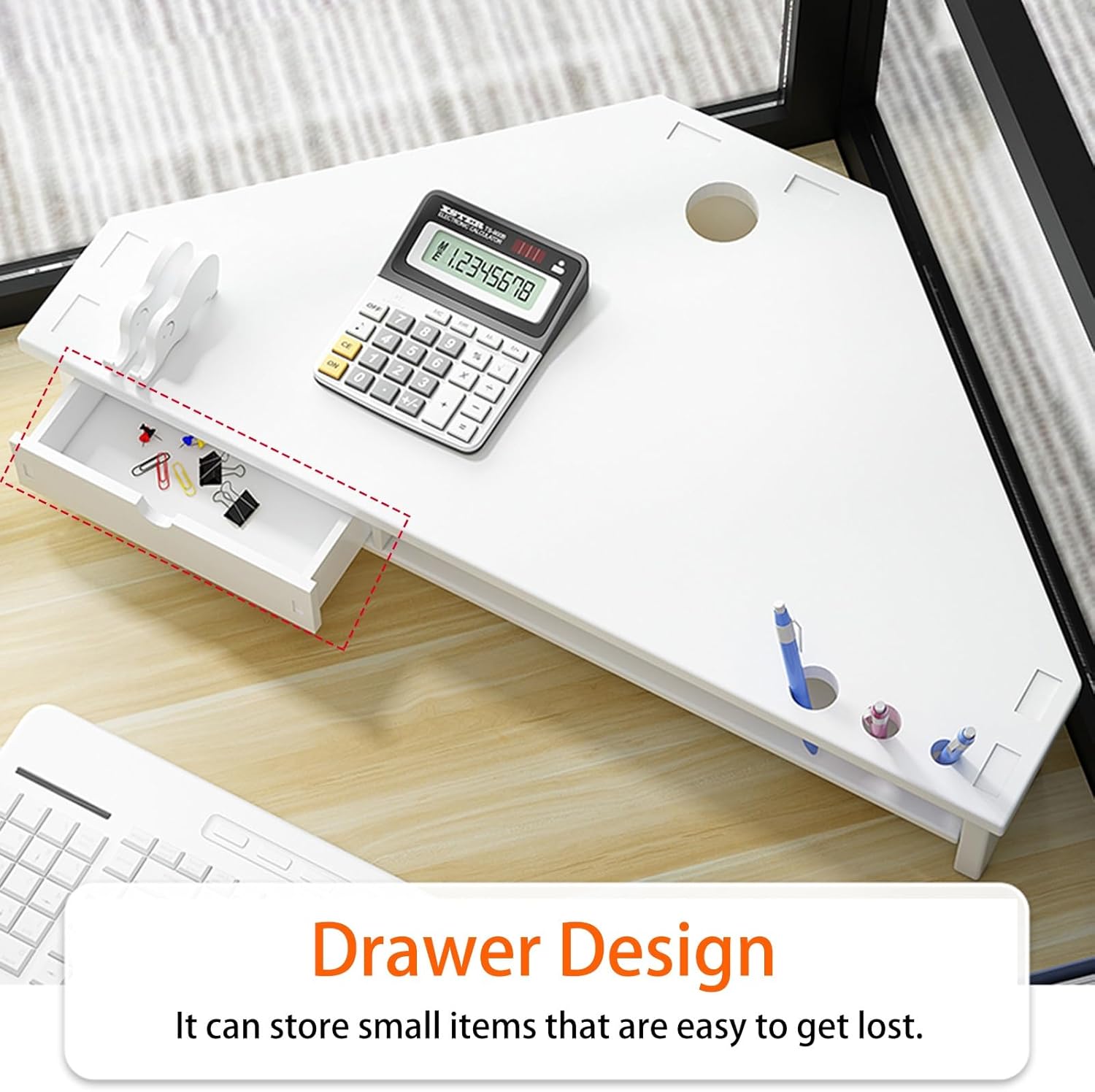 YANBI Corner Monitor Stand 2 Tier Monitor Stand Riser for Corner, White Office Storage Rack with Drawer & Pen Holder, Triangle Screen Riser Computer Holder