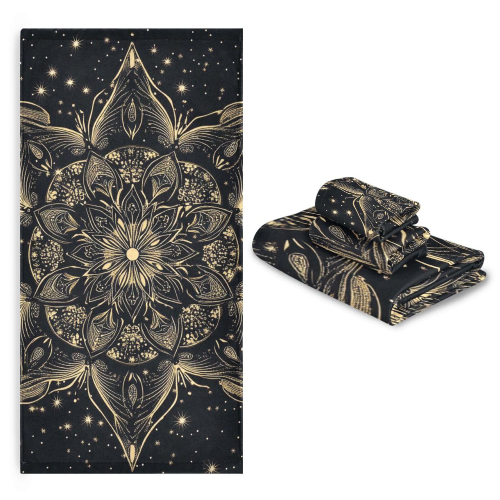 Schwarz-goldenes Mandala-Gesichtshandtuch-Set, schnelltrocknend, 3-teilig, 1 Badetuch, 1 Handtuch, 1 Waschlappen für Zuhause, Küche, Familie