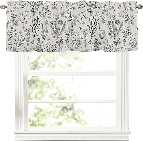 Cenefas de cortinas de hojas silvestres para ventanas de primavera y verano con hojas negras y grises, cenefa de ventana de mariposa, cortina corta