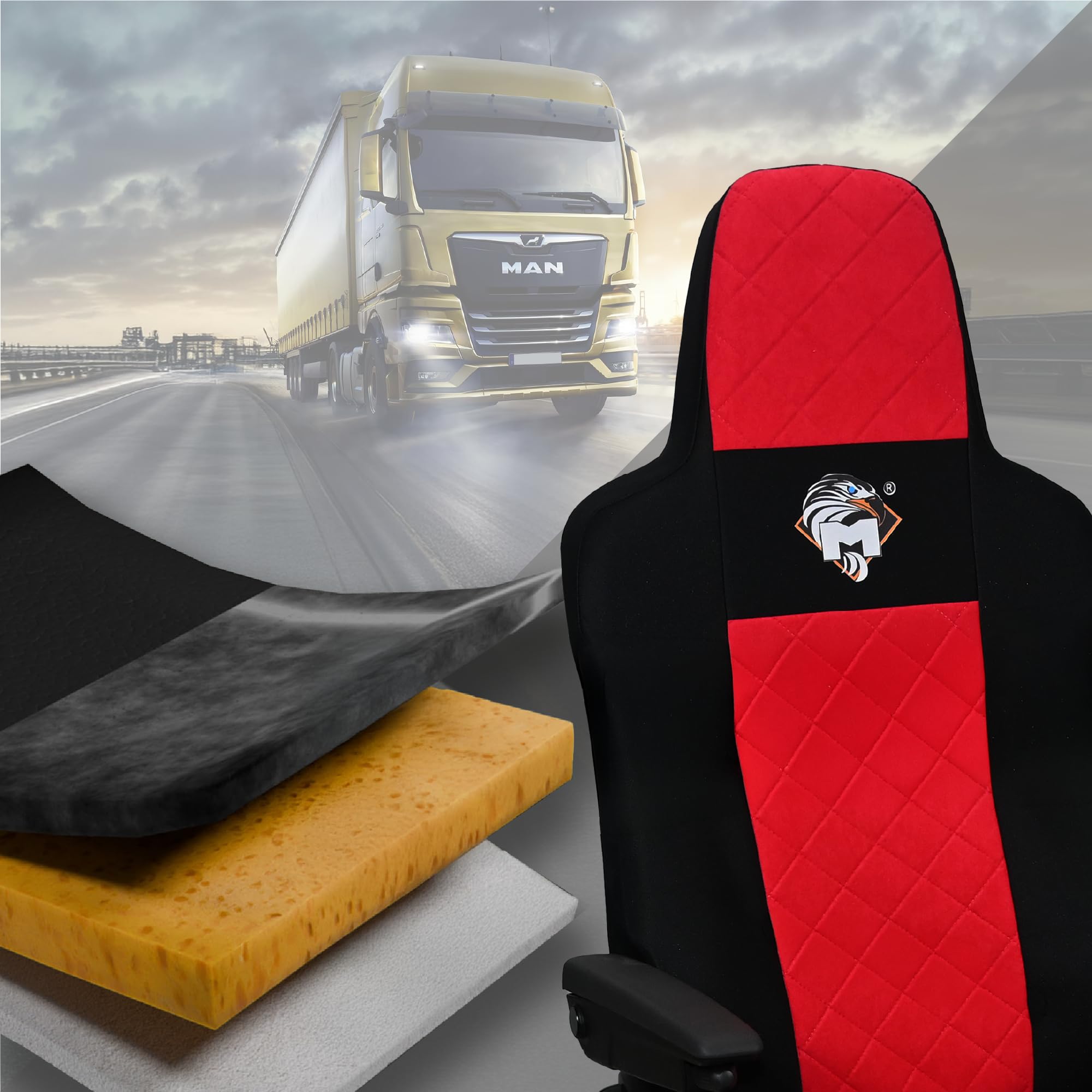 SABA Funda de Asiento para Man TGX Desde 2020 1-Rieme, Rojo | Accesorio de camión para protector de asiento - funda de asiento resistente para asientos delanteros