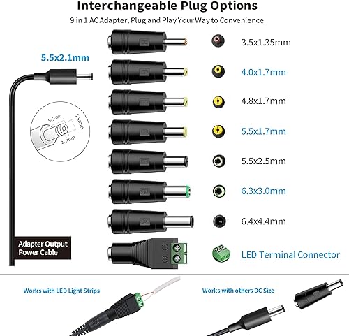 Miniatura 4 de Tonton Cable adaptador de fuente de alimentación de 12 V, 1 A, 10 pies, cable adaptador de fuente de alimentación de 12 W, cargador de pared CA